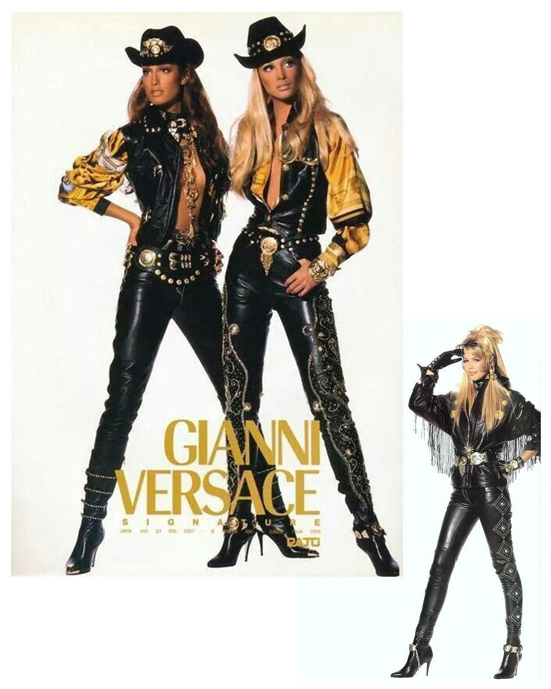 Gianni Versace 1992 Schwarze Hose aus hoch tailliertem Leder mit Goldstickereien aus Medusa IT38 im Zustand „Gut“ im Angebot in Paris, FR