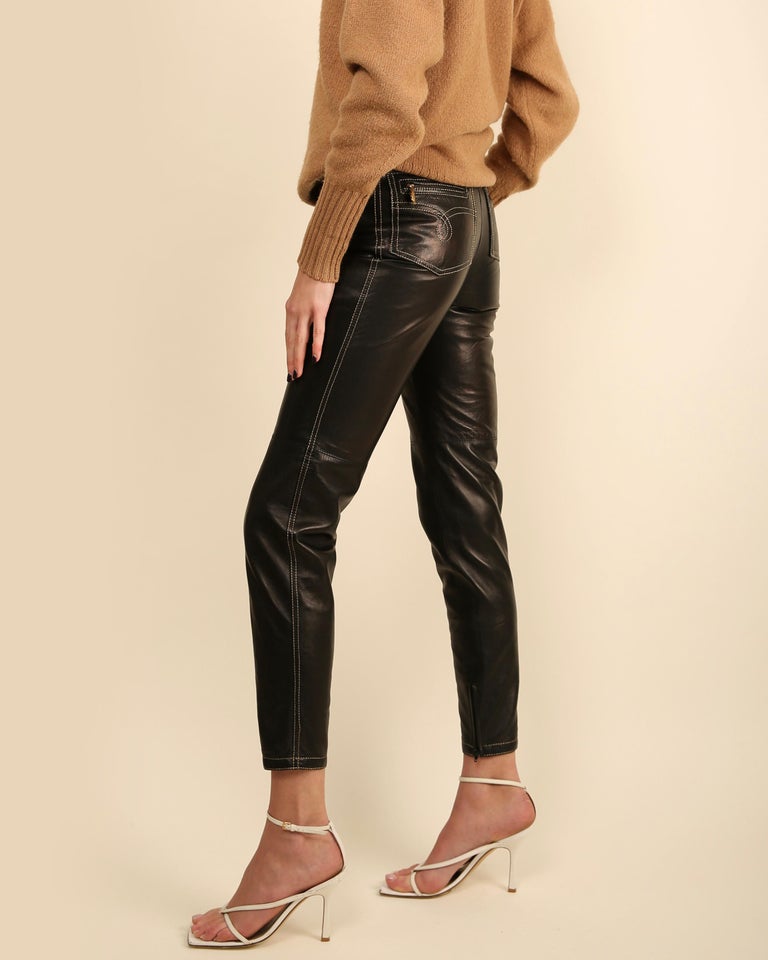Gianni Versace 1992 black high waisted leather gold stitched Gianni Versace 1992 black high waisted leather gold stitched