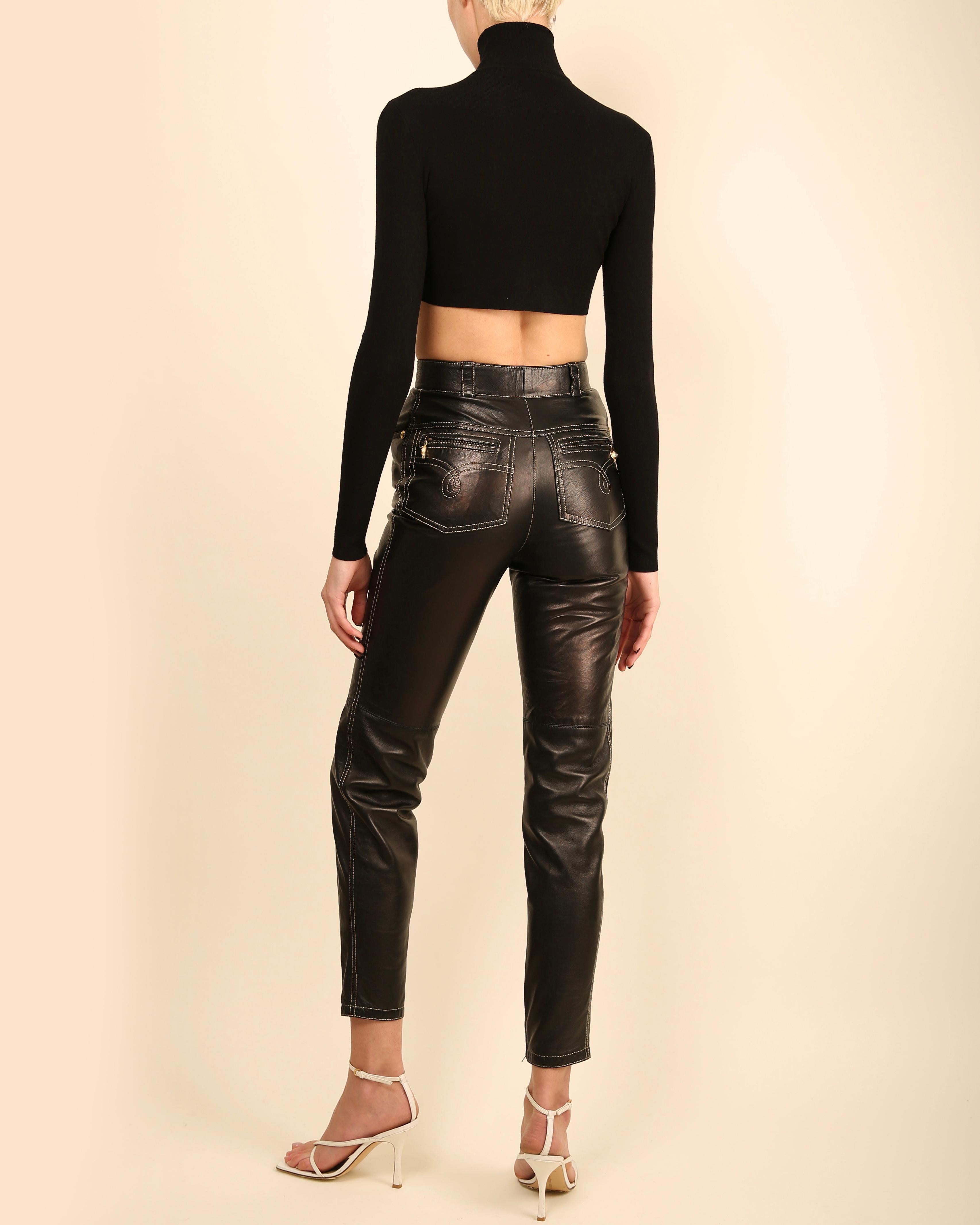 Gianni Versace 1992 black high waisted leather gold stitched medusa pants IT38 For Sale 3