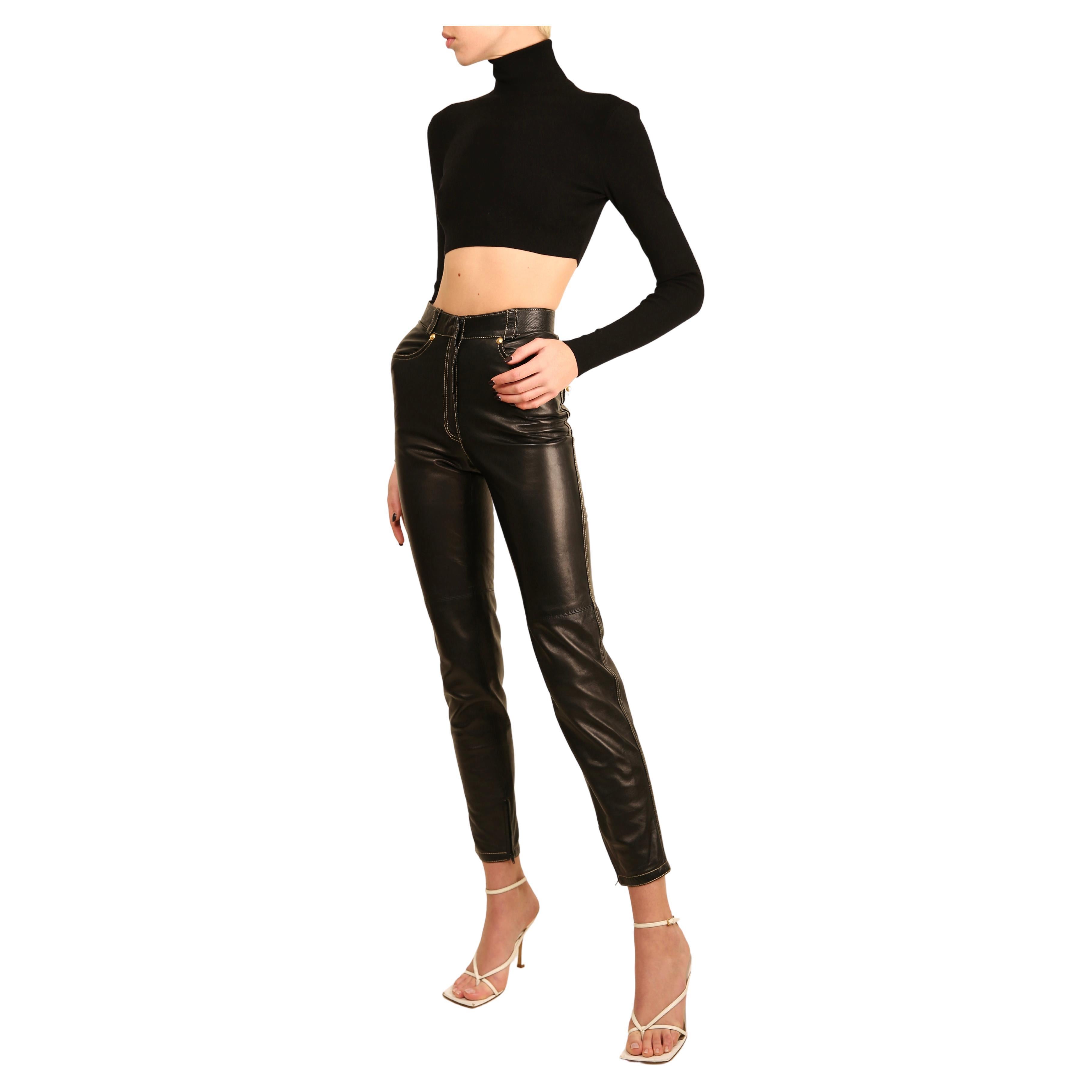 Gianni Versace 1992 black high waisted leather gold stitched medusa pants IT38 For Sale