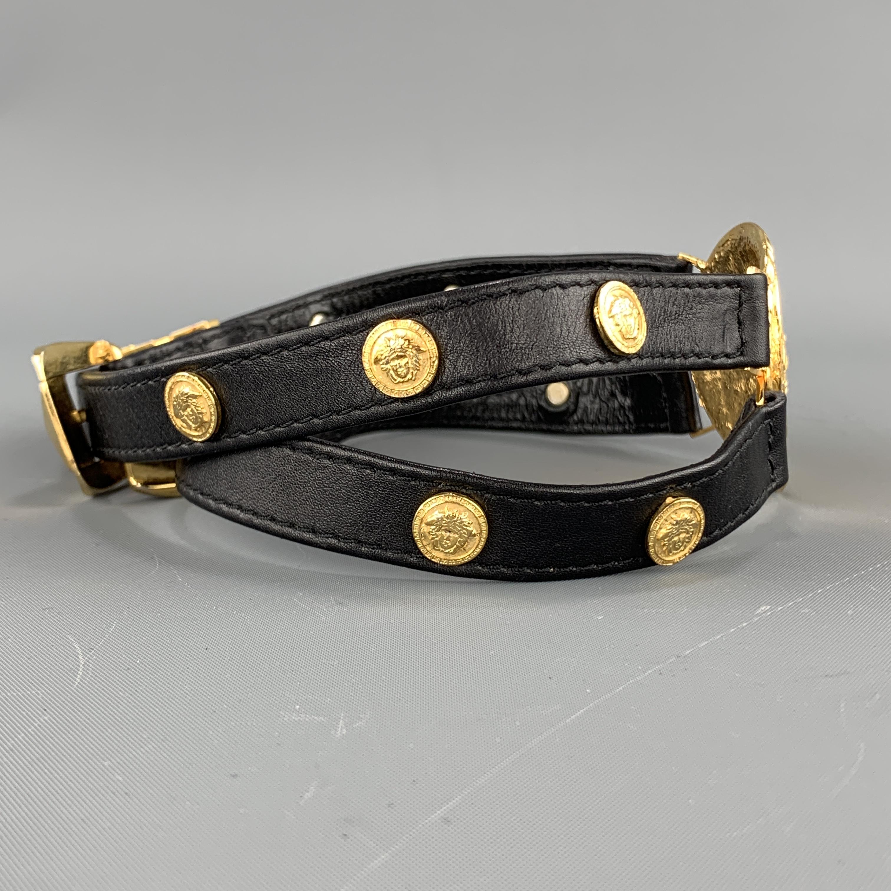GIANNI VERSACE 1992 Black Leather Double Strap Gold Tone Medusa Choker In Good Condition In San Francisco, CA