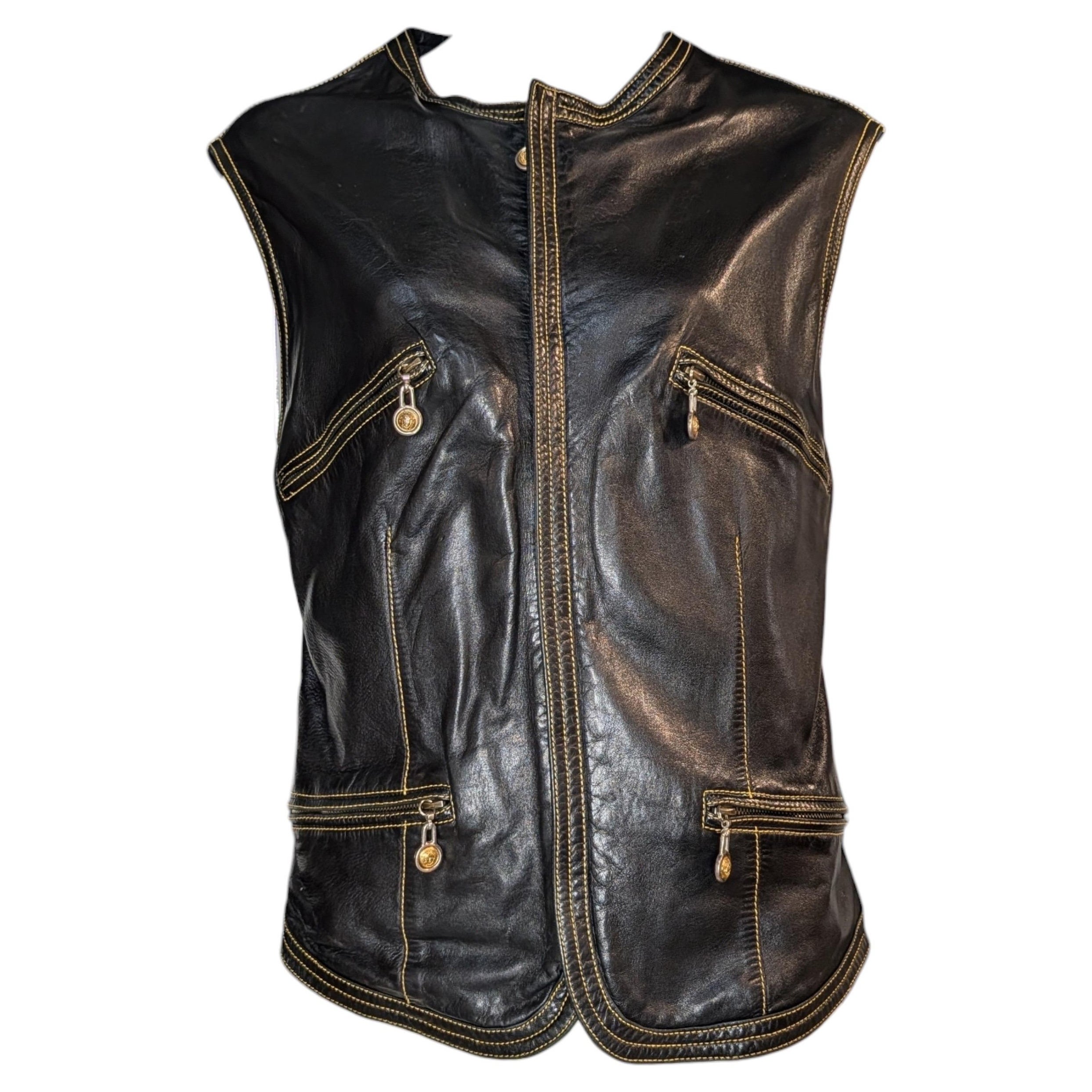 Gianni Versace 1992 Black Leather Vest with Medusa Zippers — Rare Vintage Piece