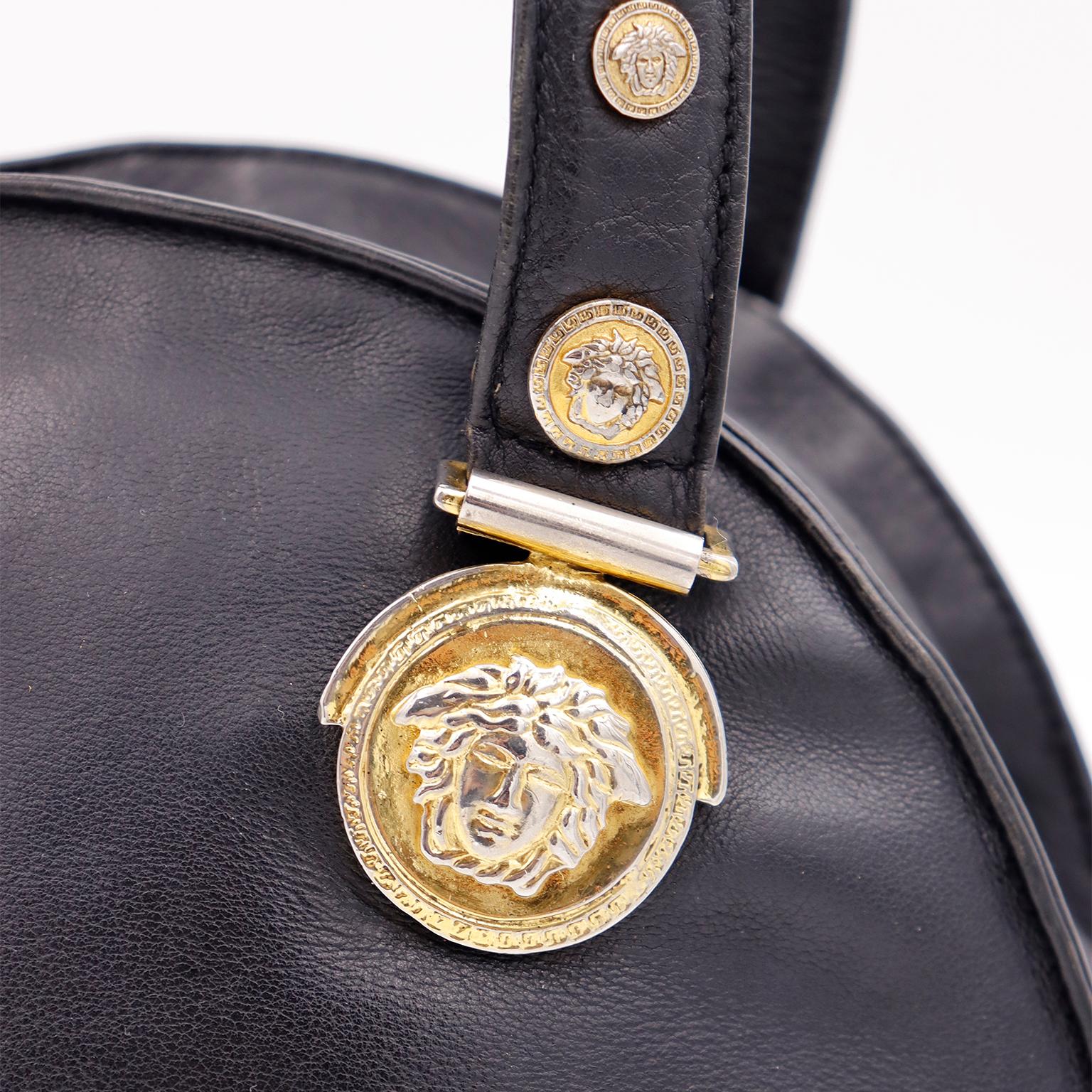 Gianni Versace 1992 Medusa Bondage Black Leather Top Handle Satchel Handbag 6
