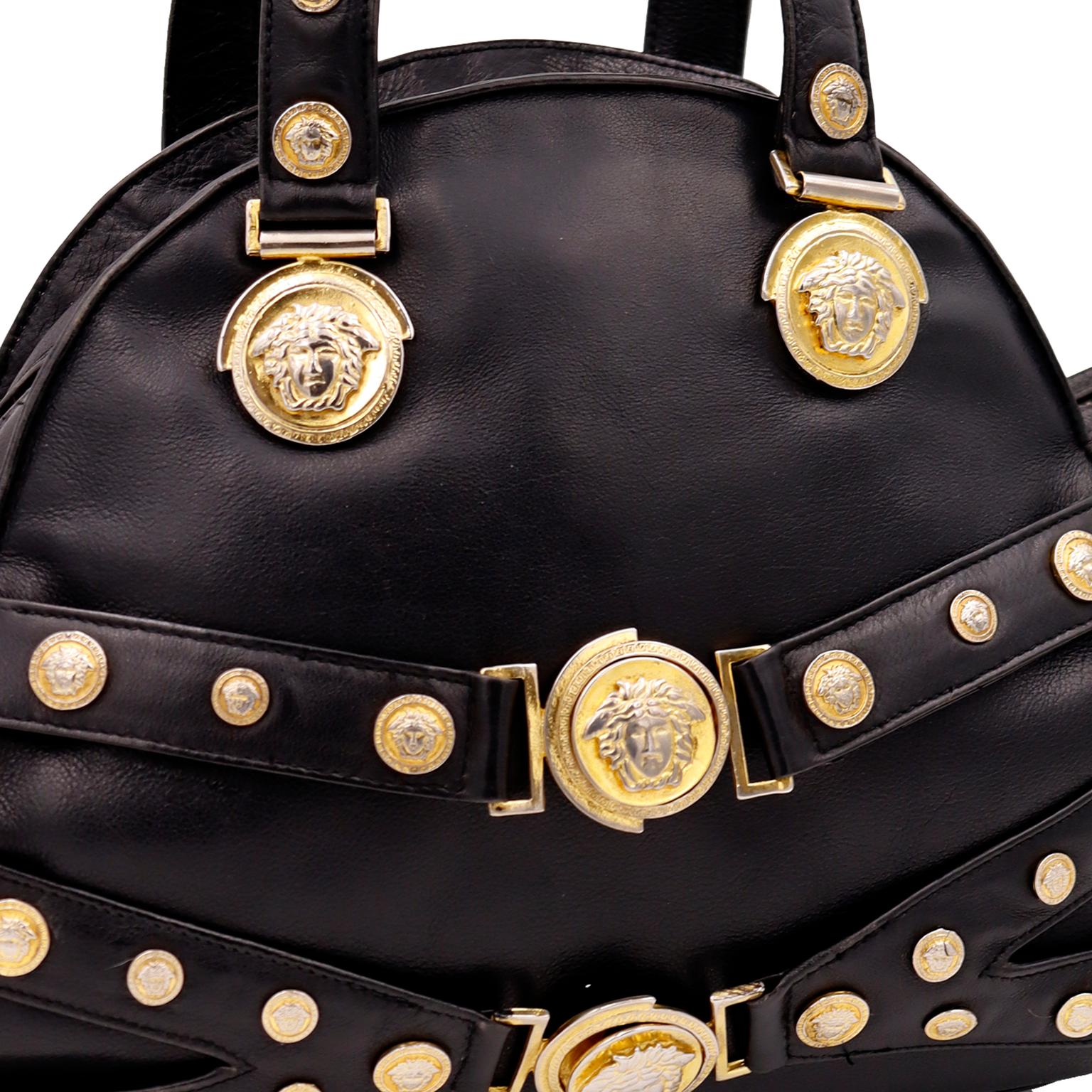 Gianni Versace 1992 Medusa Bondage Black Leather Top Handle Satchel Handbag 7
