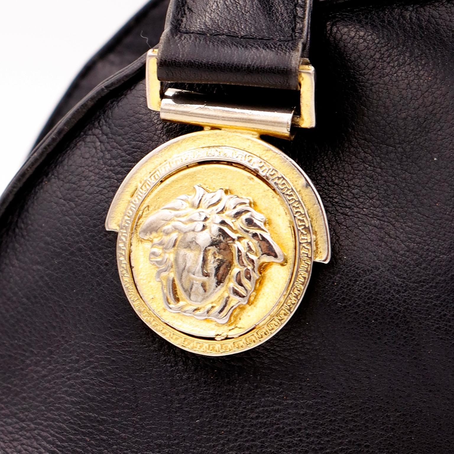 Gianni Versace 1992 Medusa Bondage Black Leather Top Handle Satchel Handbag 8