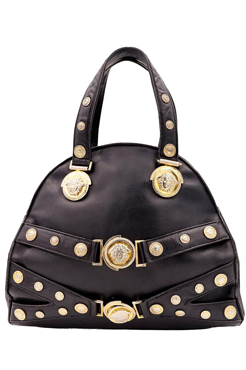 Gianni Versace 1992 Medusa Bondage Black Leather Top Handle Satchel Handbag In Good Condition In Portland, OR