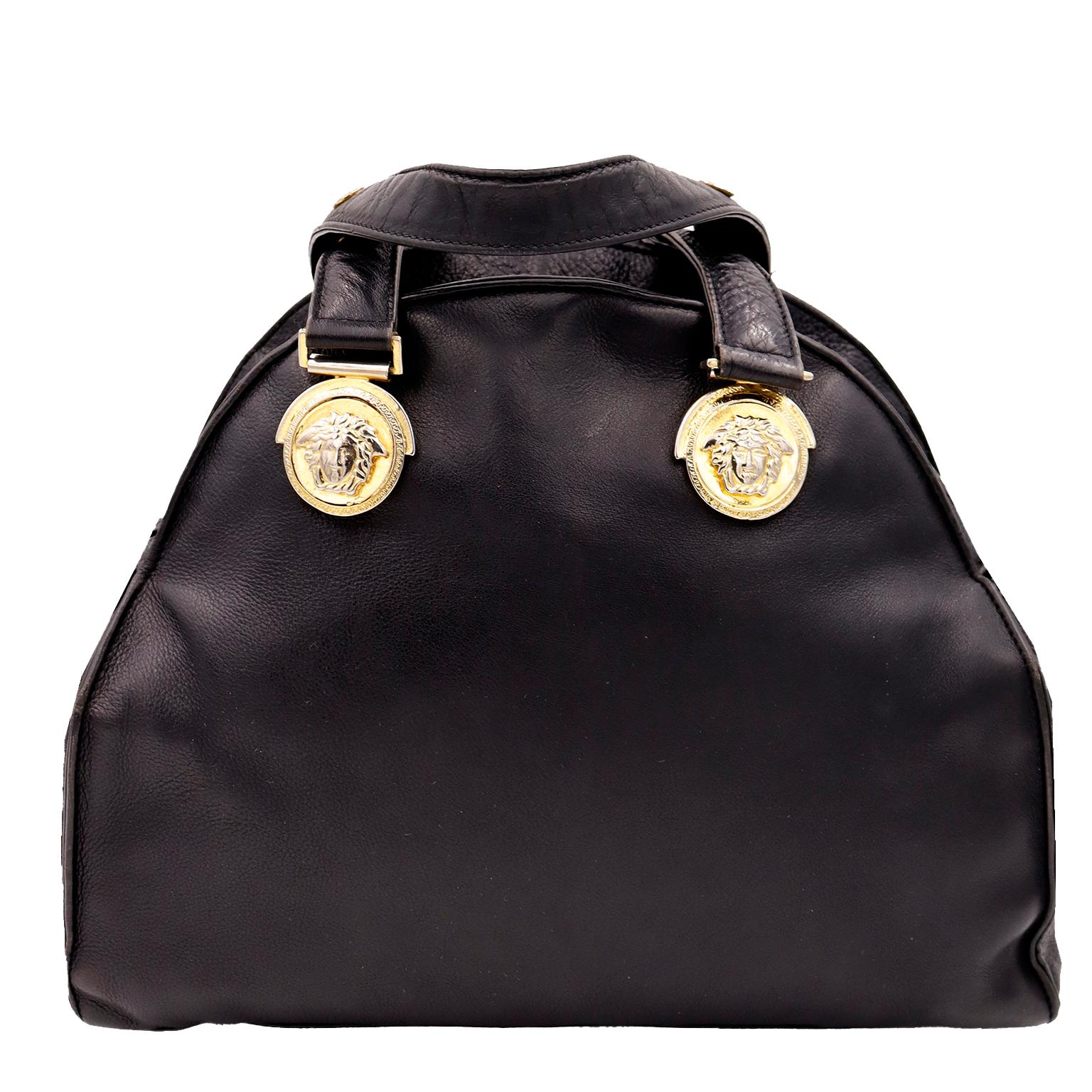 Gianni Versace 1992 Medusa Bondage Black Leather Top Handle Satchel Handbag 1