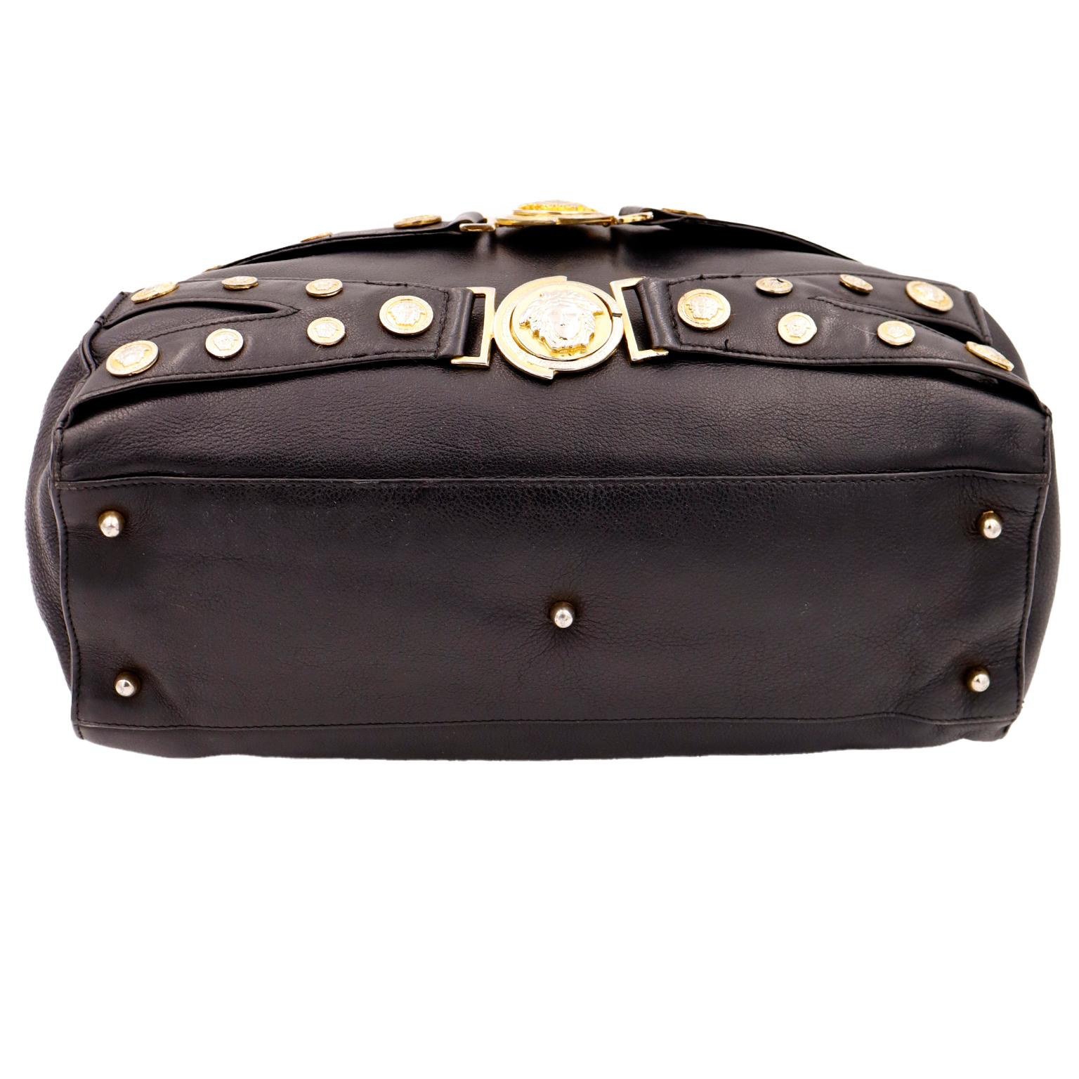 Gianni Versace 1992 Medusa Bondage Black Leather Top Handle Satchel Handbag 2