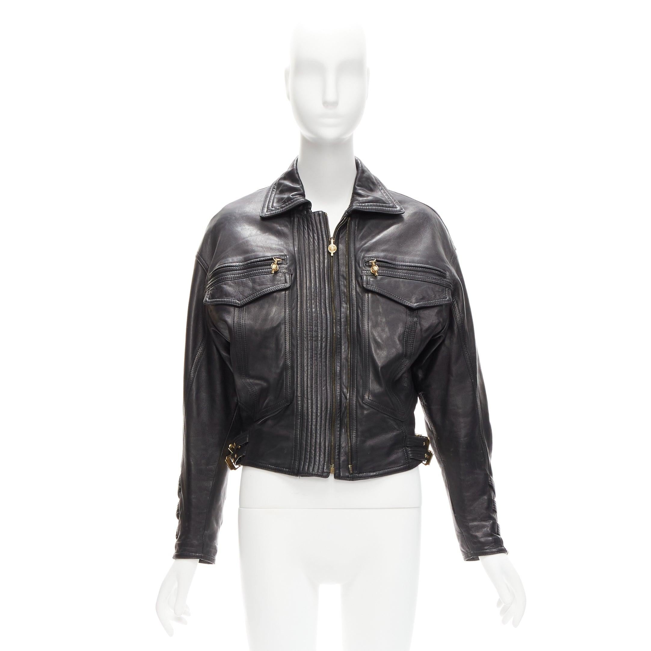 GIANNI VERSACE 1992 S&M black leather gold bondage buckle bomber IT38 XS For Sale 6