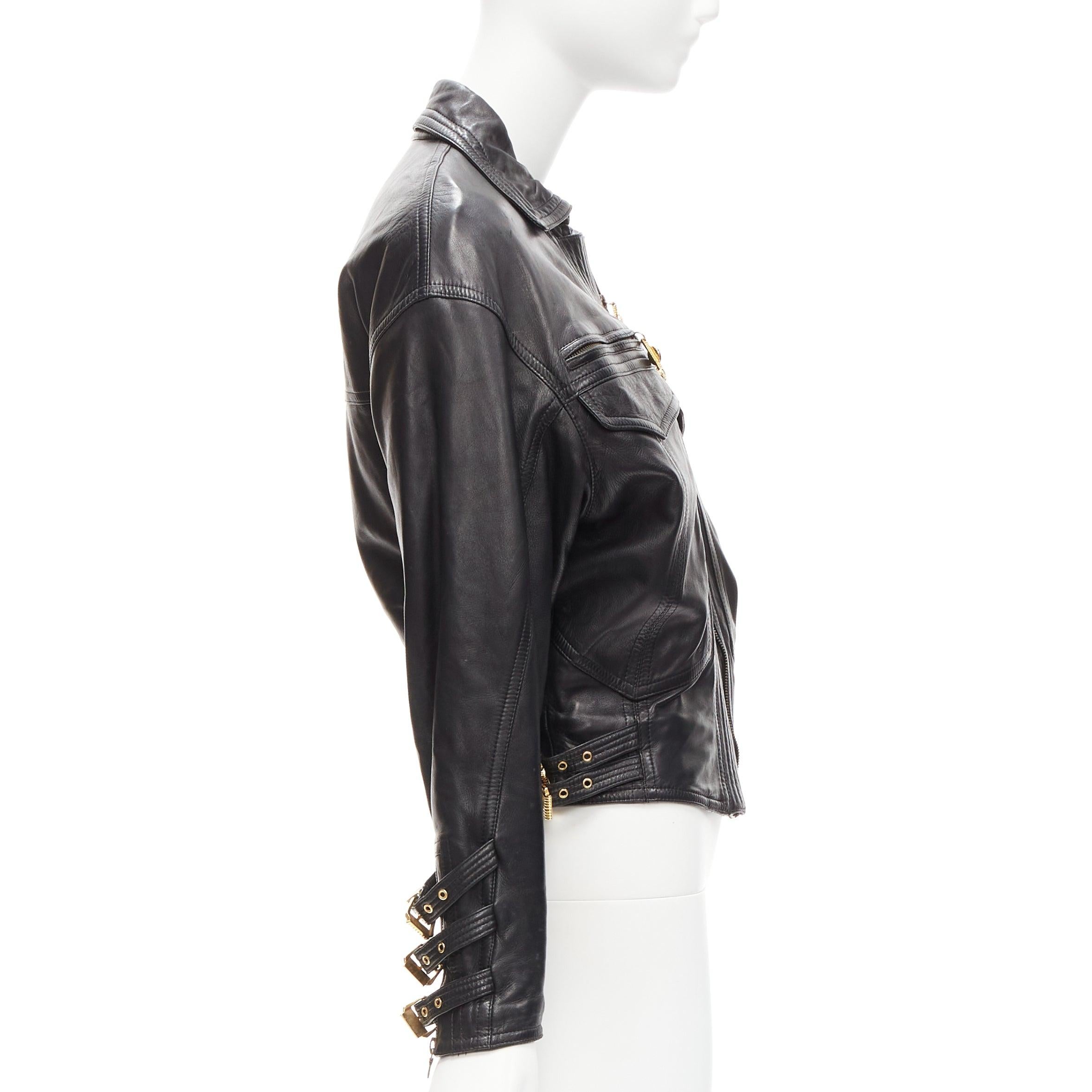 GIANNI VERSACE 1992 S&M black leather gold bondage buckle bomber IT38 XS In Good Condition For Sale In Hong Kong, NT