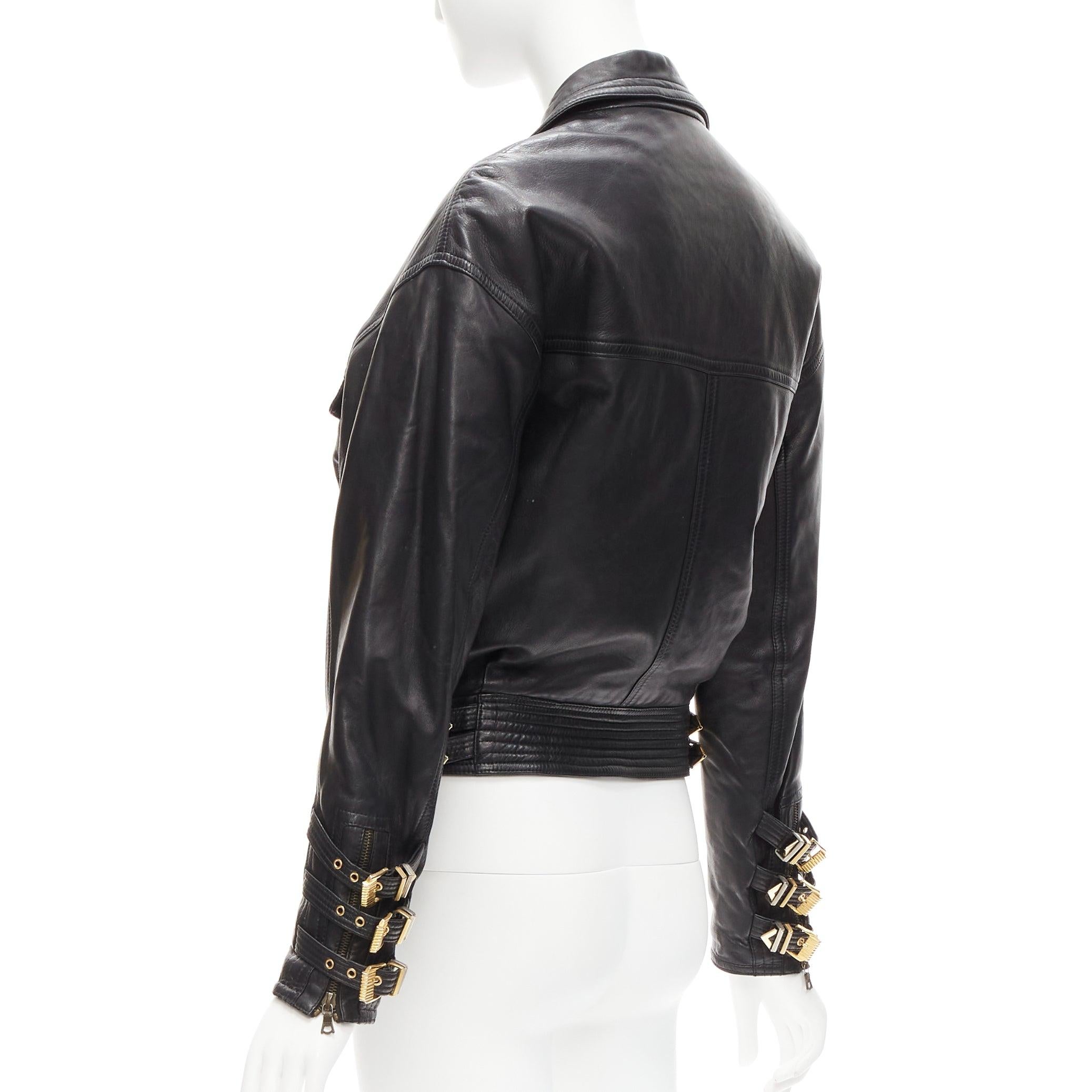 GIANNI VERSACE 1992 S&M black leather gold bondage buckle bomber IT38 XS For Sale 1