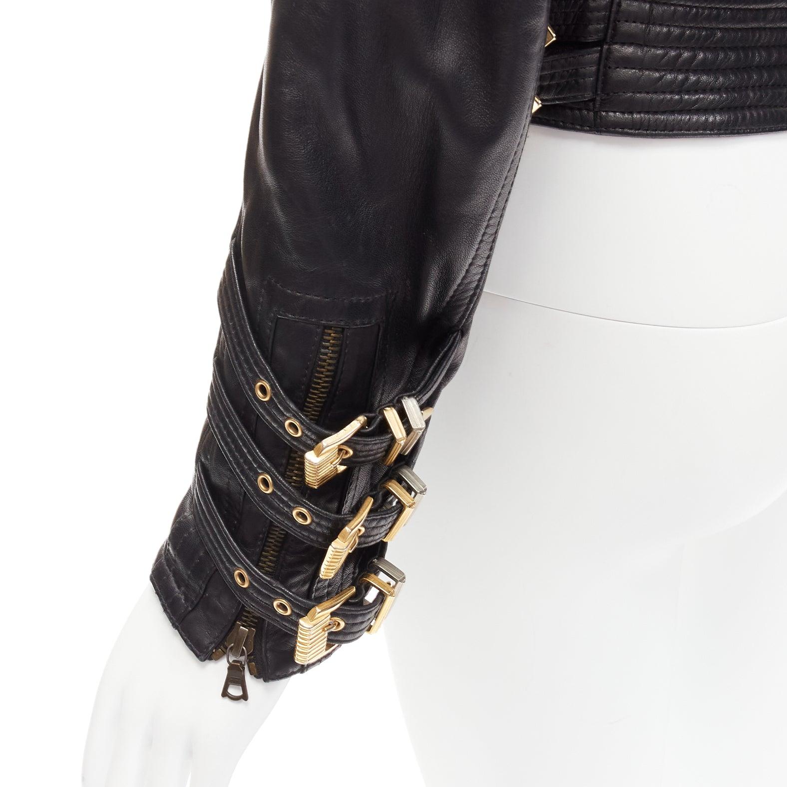 GIANNI VERSACE 1992 S&M black leather gold bondage buckle bomber IT38 XS For Sale 2