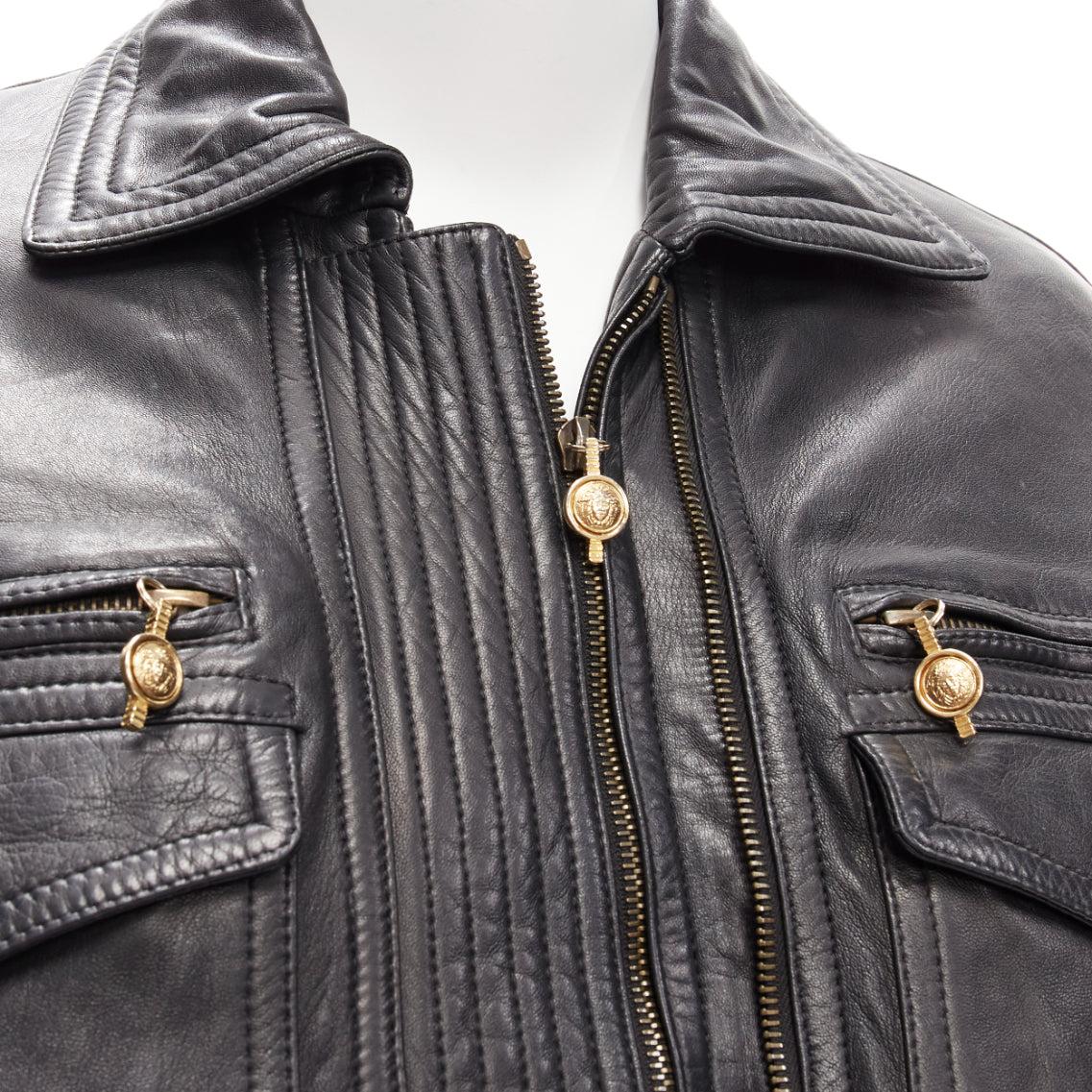GIANNI VERSACE 1992 S&M black leather gold bondage buckle bomber IT38 XS For Sale 3