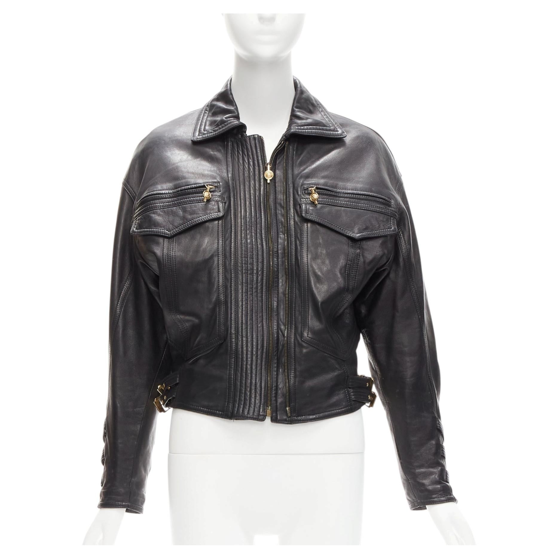 GIANNI VERSACE 1992 S&M cuir noir boucle bondage or IT38 XS en vente