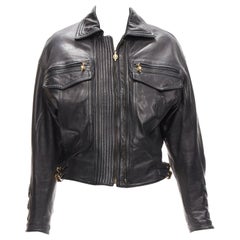 GIANNI VERSACE 1992 S&M black leather gold bondage buckle bomber IT38 XS