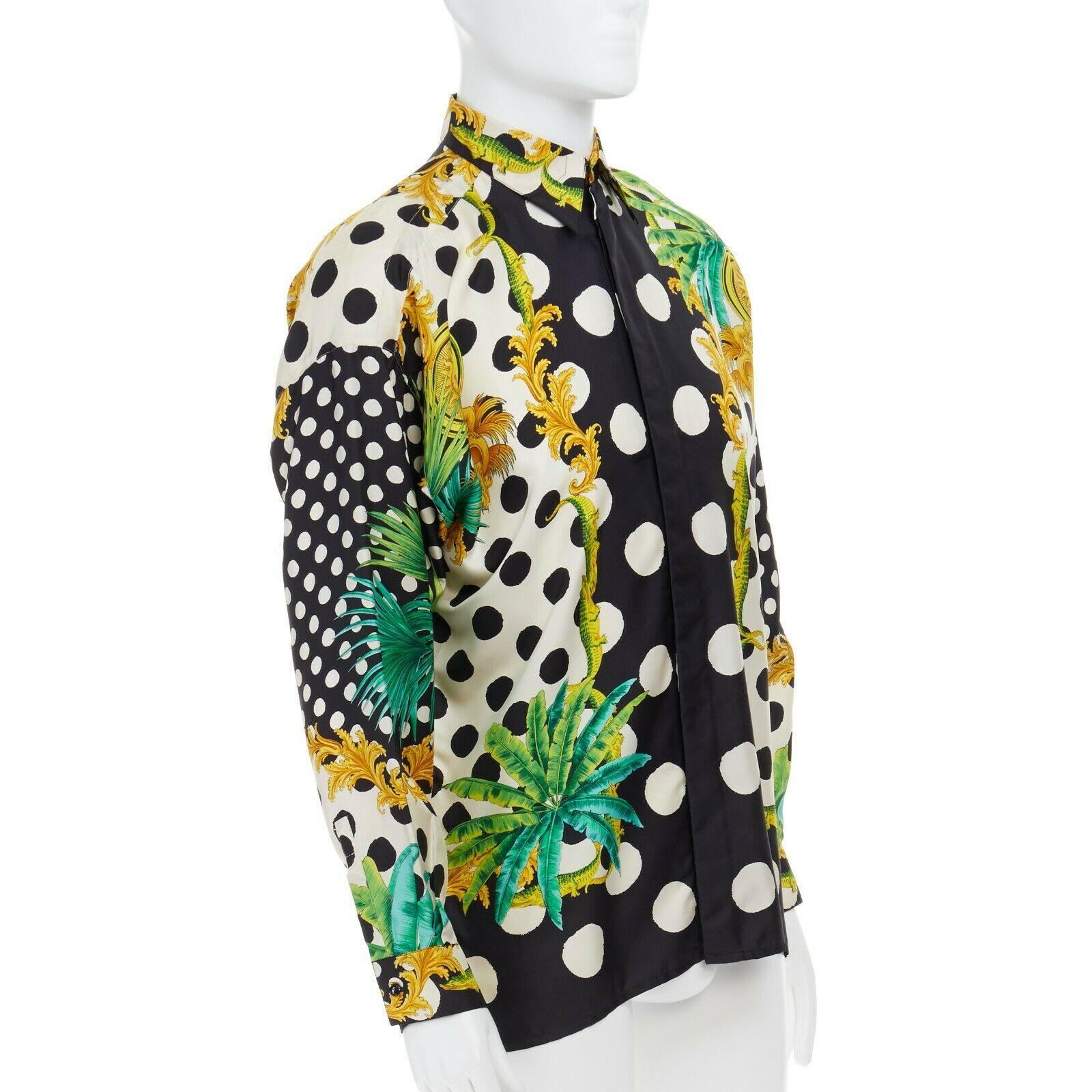 Men's GIANNI VERSACE 1993 black white polka dot palm tree medallion silk shirt IT46 S