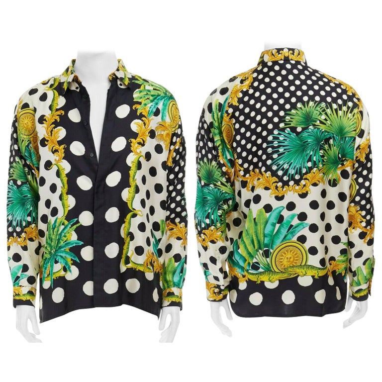 GIANNI VERSACE 1993 black white polka dot palm tree medallion silk shirt IT46 S For Sale
