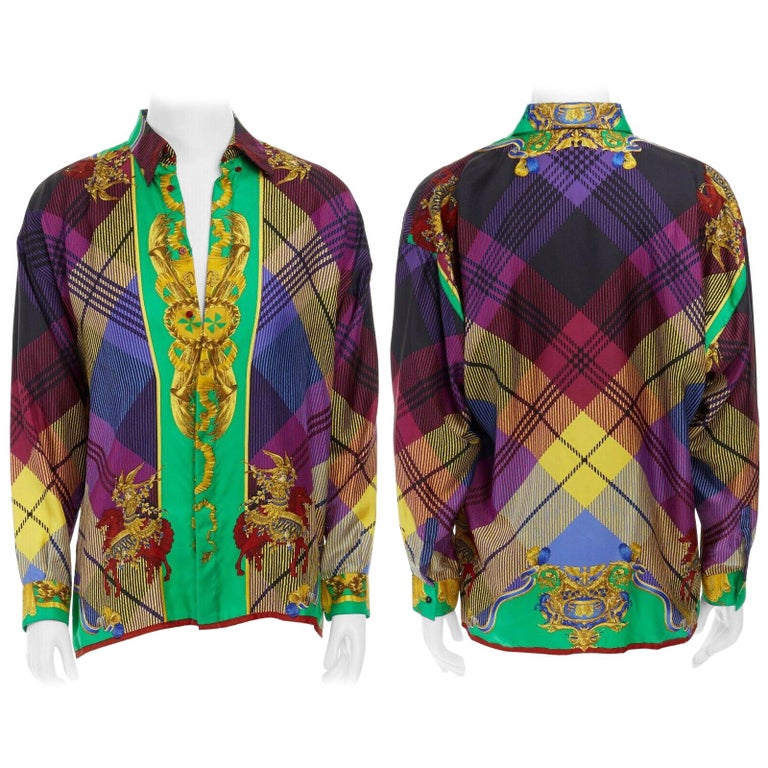 GIANNI VERSACE 1993 purple brown gold baroque angel print silk shirt IT46 S For Sale