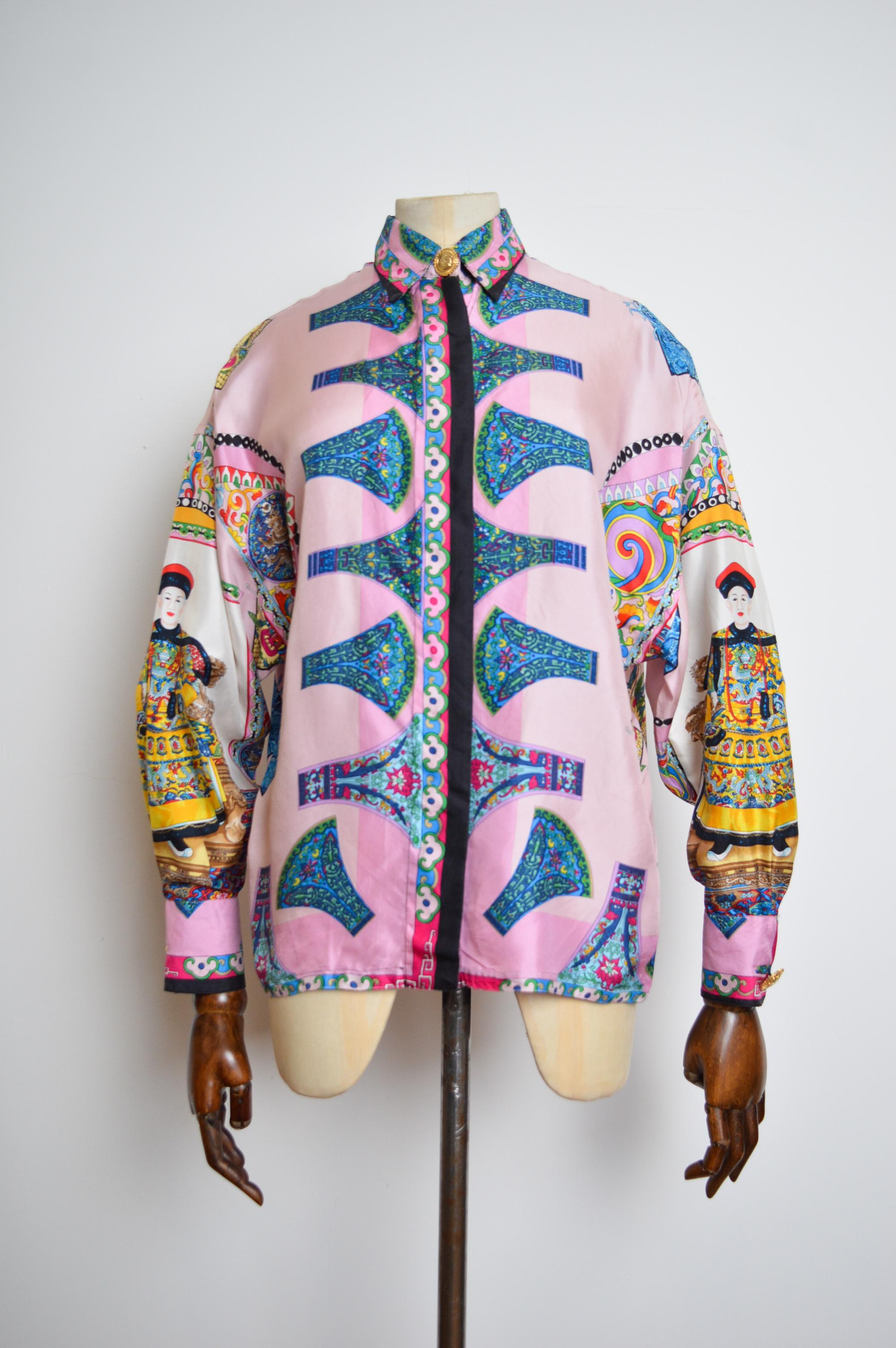 Women's or Men's Gianni Versace 1993 Spring Runway Atelier Pure Silk patterned Colourful Shirt For Sale