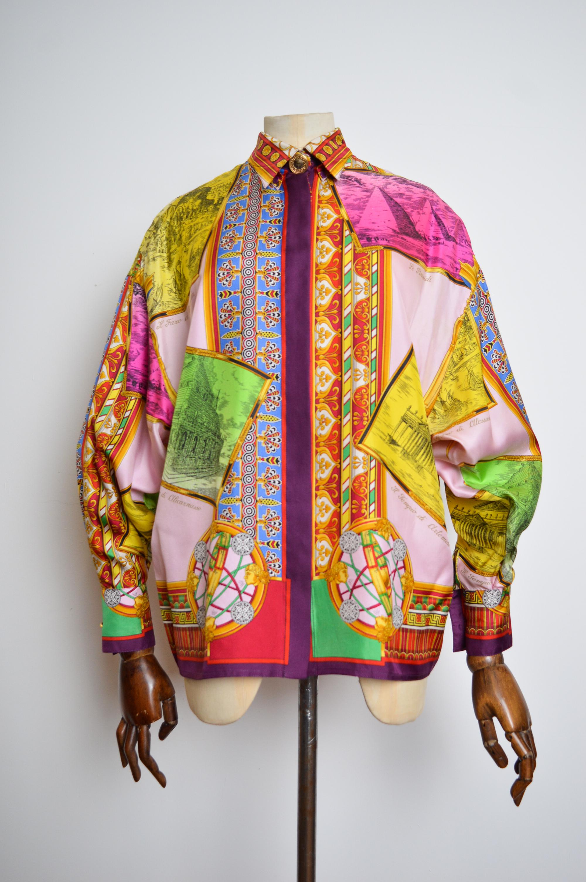 Women's Gianni Versace 1993 Spring Runway Atelier Pure Silk patterned Colourful Shirt For Sale