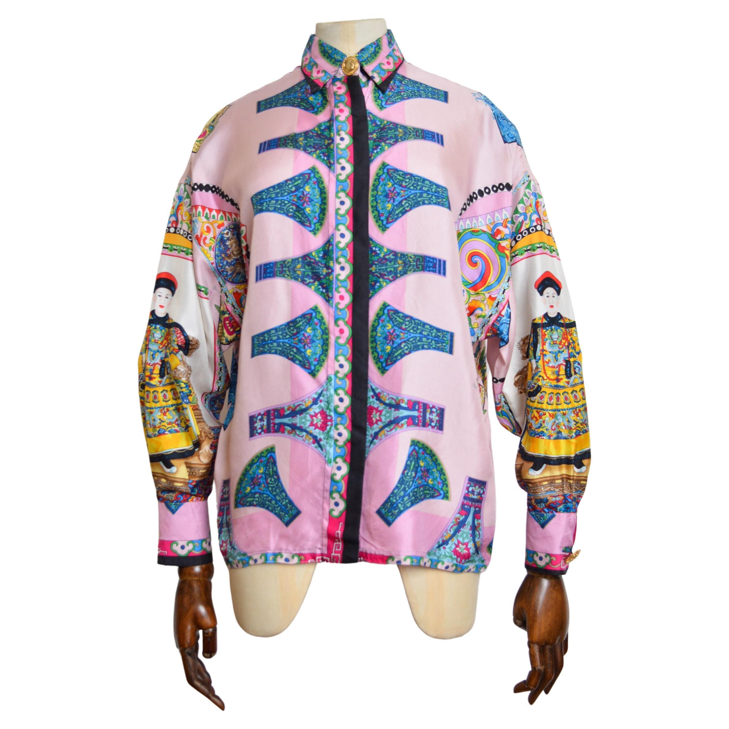 Gianni Versace 1993 Spring Runway Atelier Pure Silk patterned Colourful Shirt