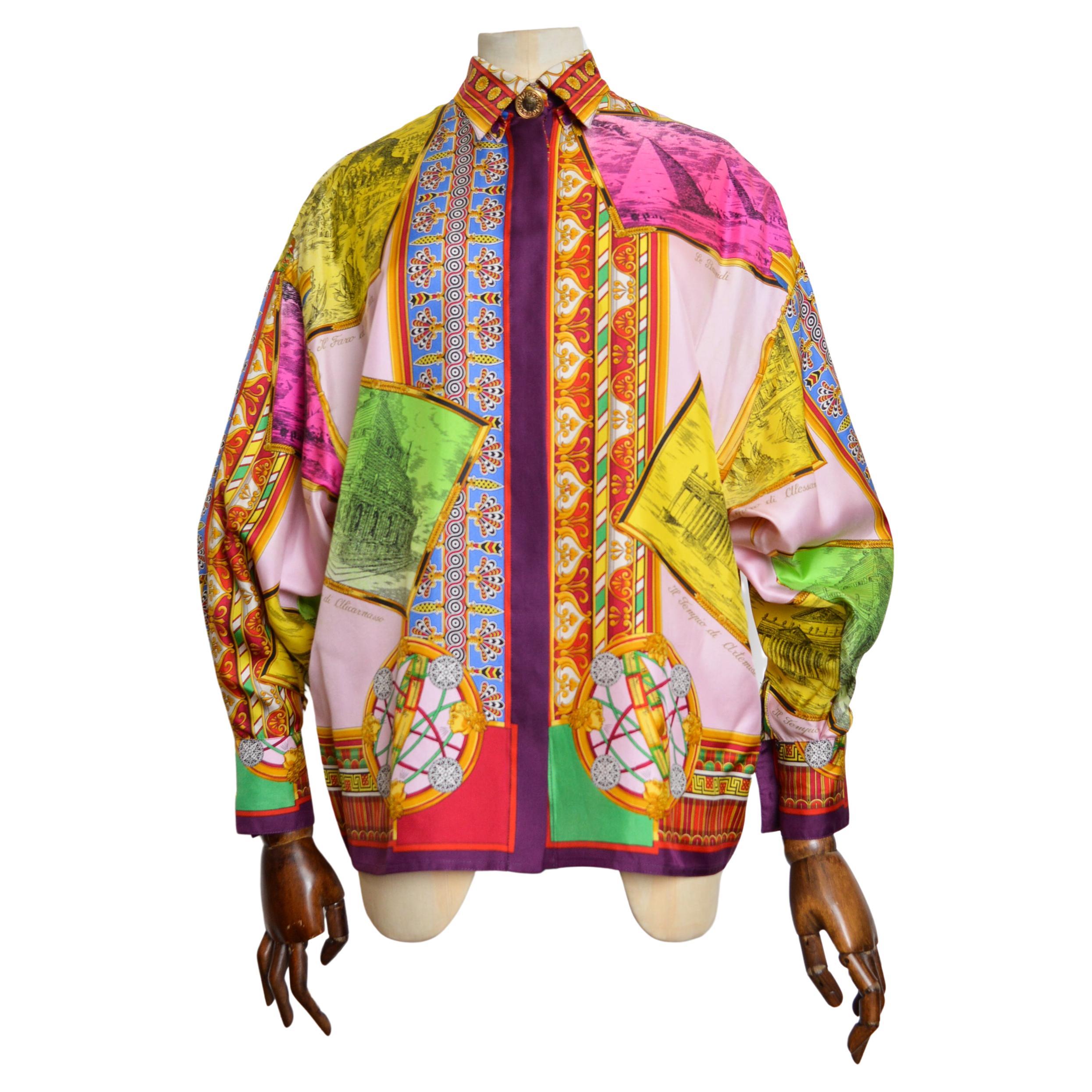 Gianni Versace 1993 Spring Runway Atelier Pure Silk patterned Colourful Shirt For Sale
