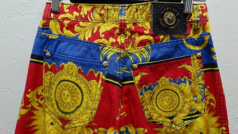 Gianni Versace 1993 Sun Baroque Print Jeans For Sale at Gianni Versace 1993 Sun Baroque Print Jeans For Sale at