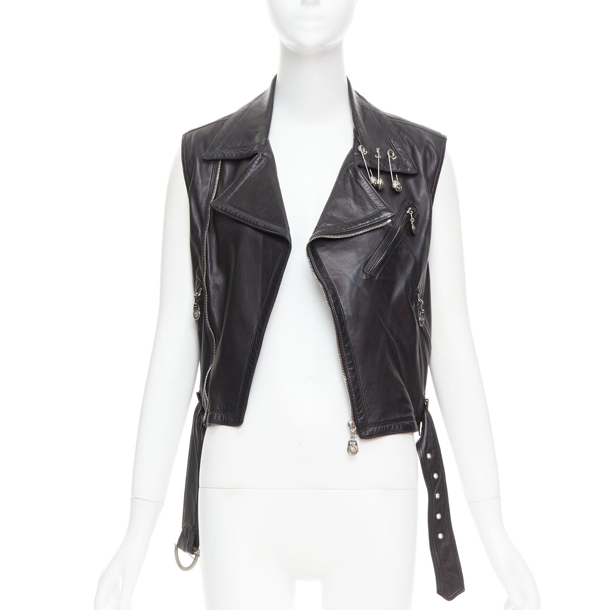 Black GIANNI VERSACE 1994 Vintage leather medusa safety pin biker vest IT38 XS For Sale