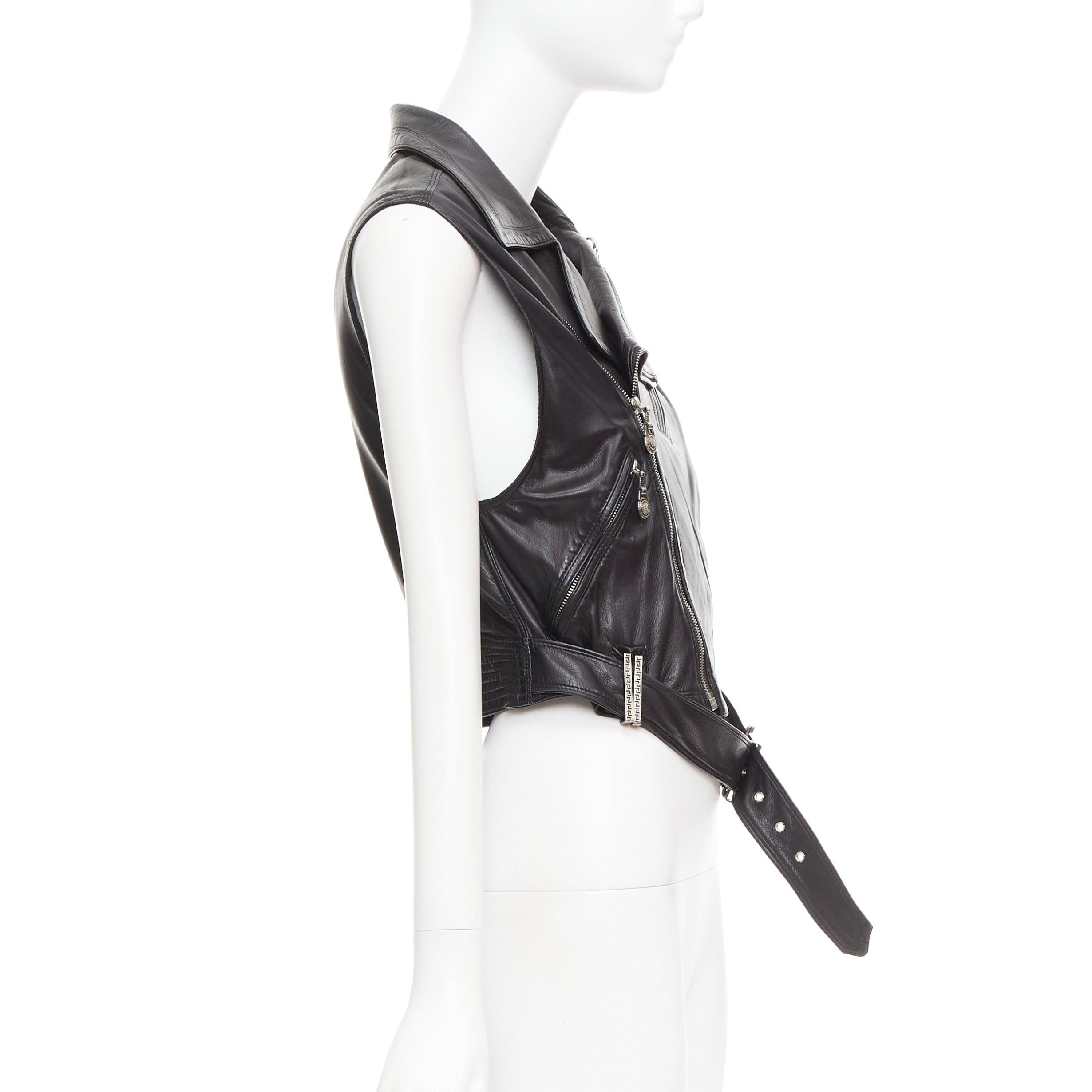 Women's GIANNI VERSACE 1994 Vintage leather medusa safety pin biker vest IT38 XS For Sale