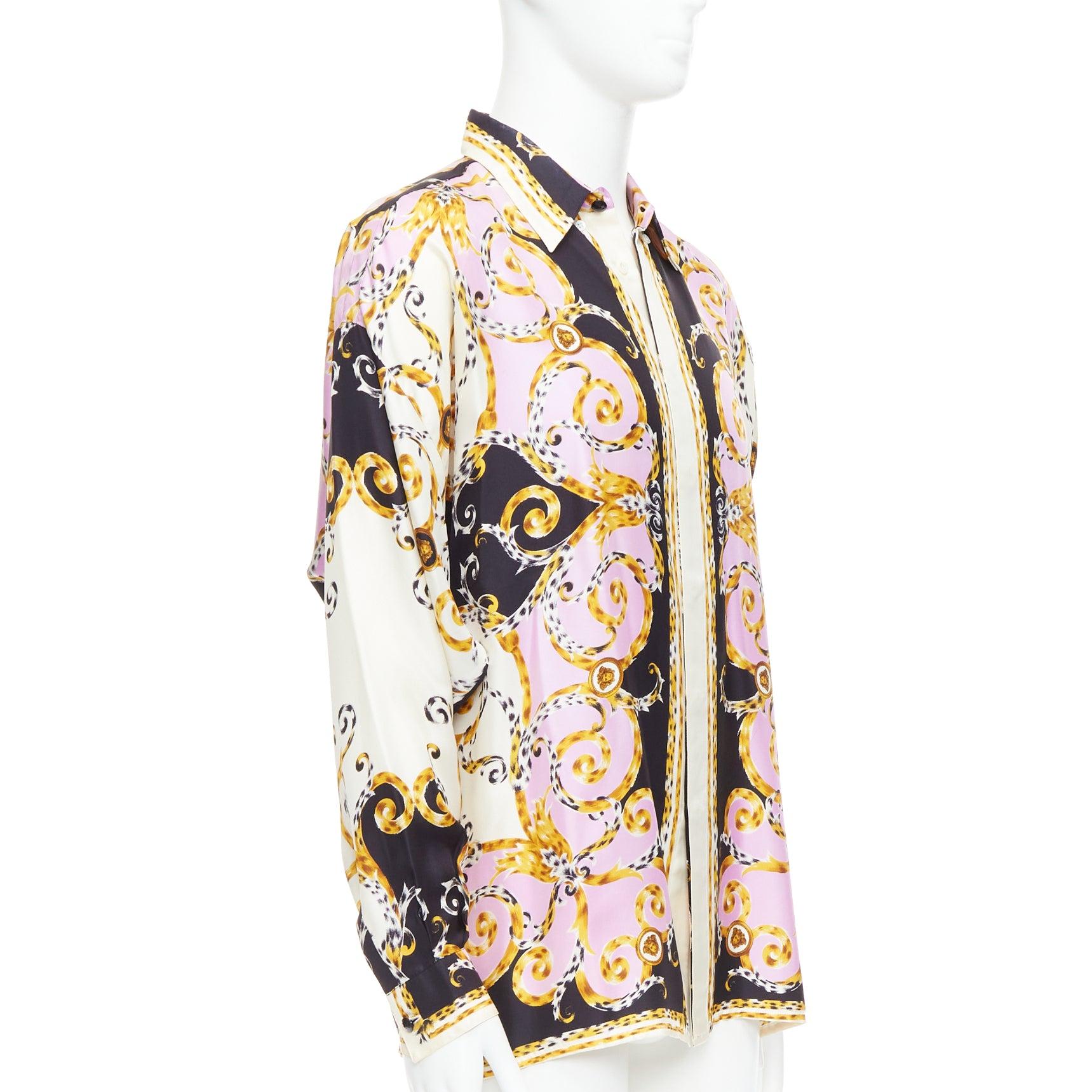 White GIANNI VERSACE 1995 Vintage 100% silk purple black leopard barocco shirt IT48 M