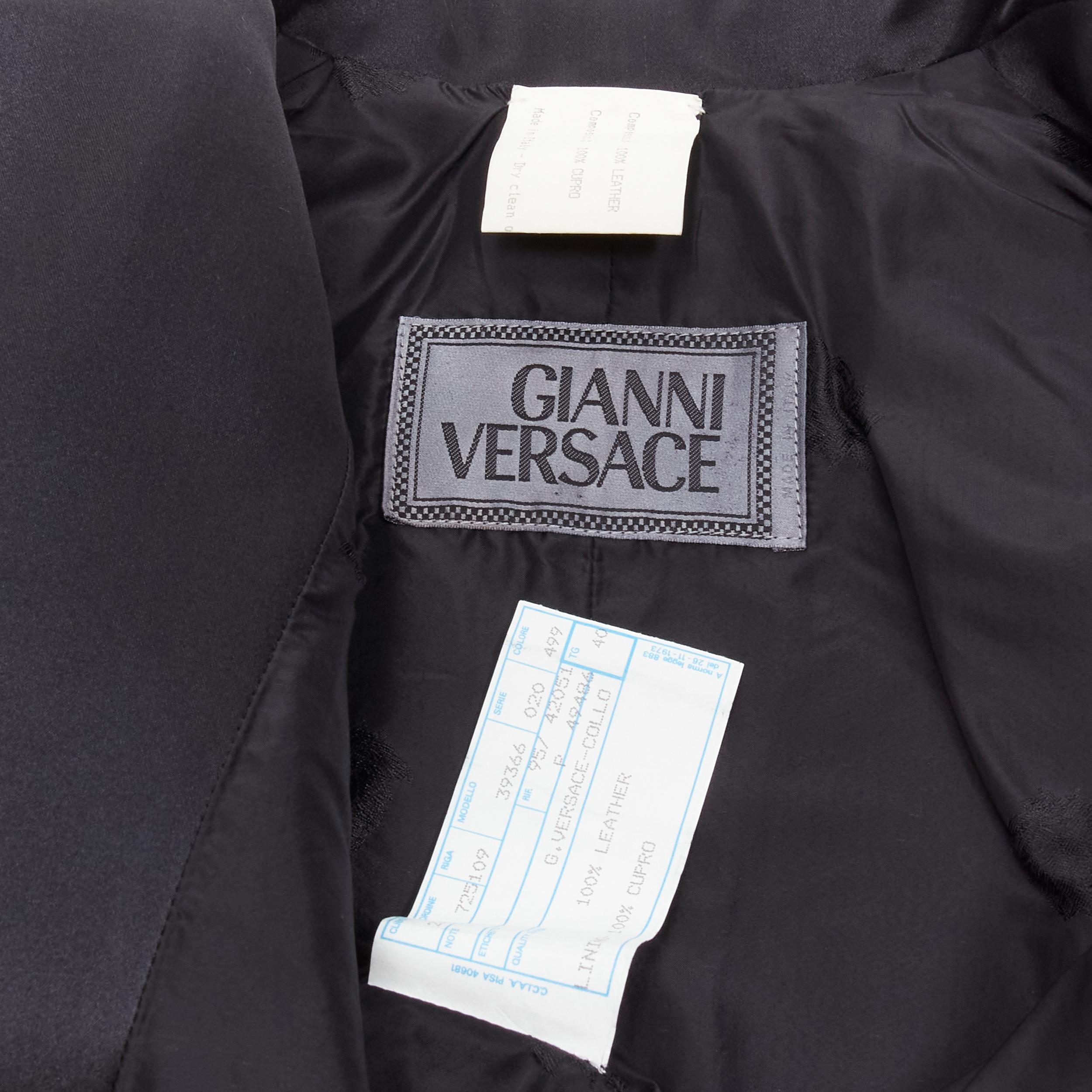 GIANNI VERSACE 1995 Vintage black satin peak lapel leather coat IT40 S For Sale 6