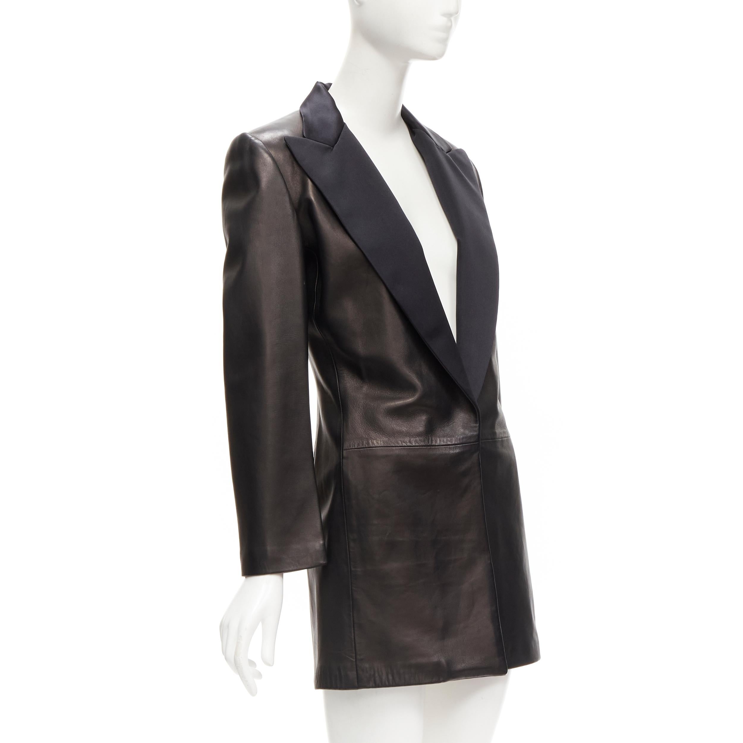 Women's GIANNI VERSACE 1995 Vintage black satin peak lapel leather coat IT40 S For Sale