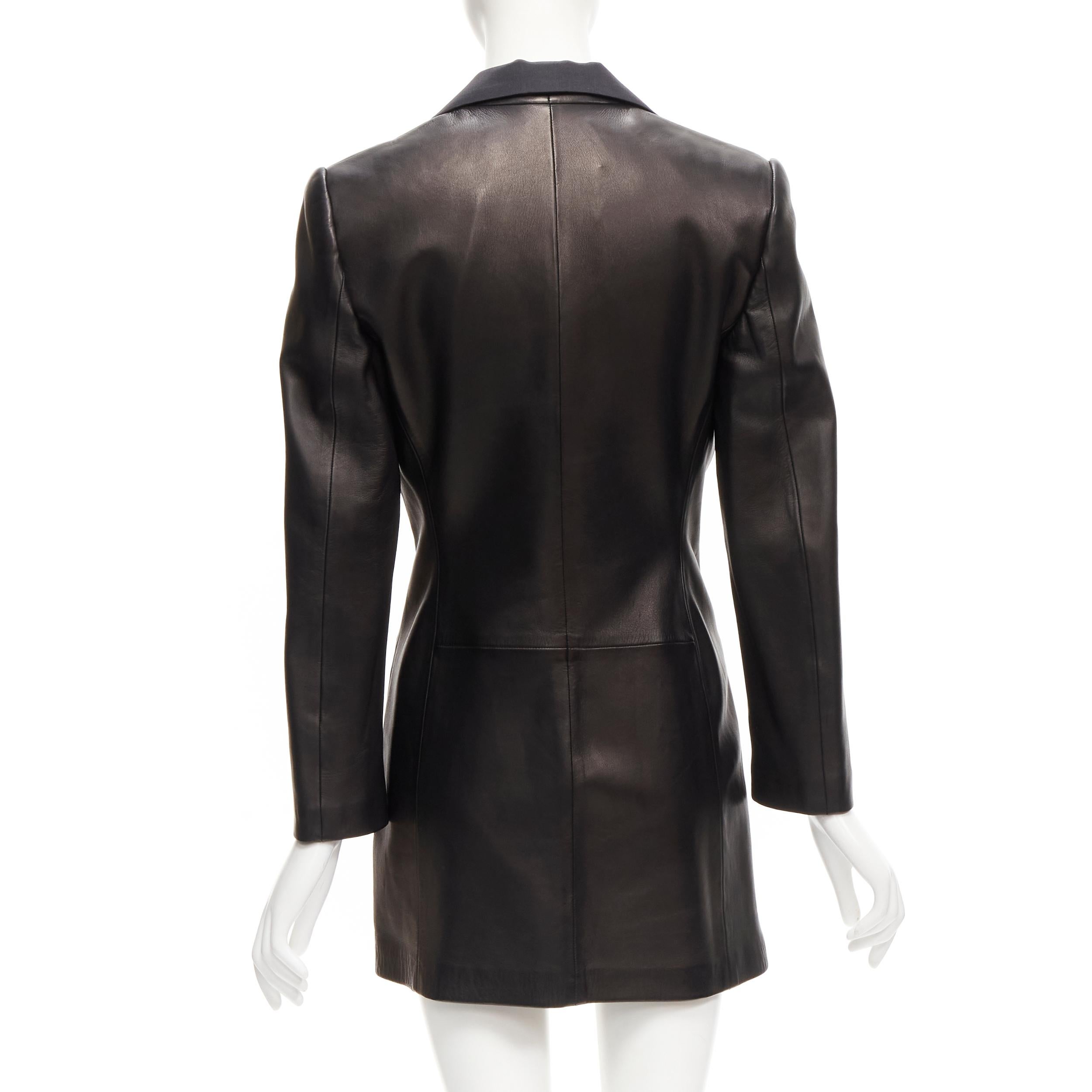 GIANNI VERSACE 1995 Vintage black satin peak lapel leather coat IT40 S For Sale 2