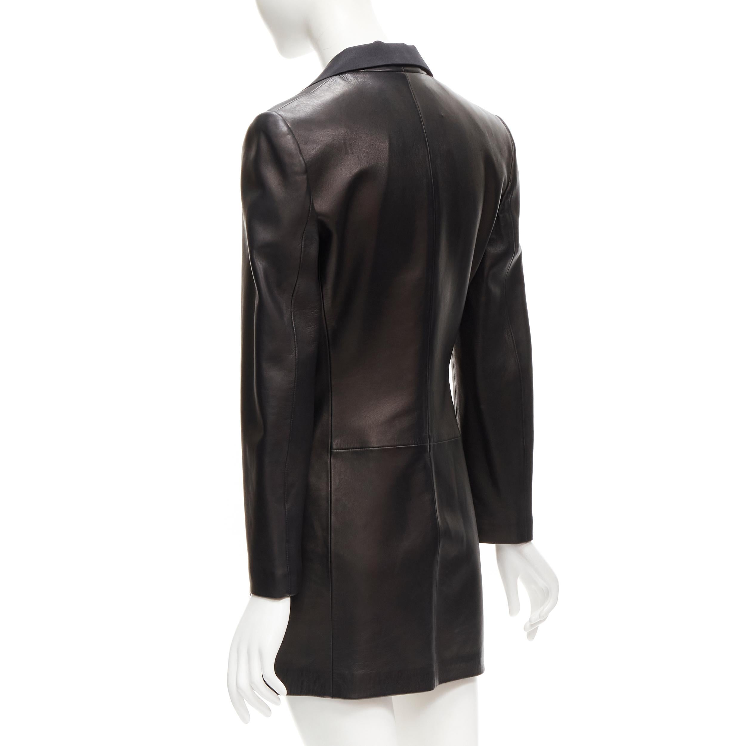 GIANNI VERSACE 1995 Vintage black satin peak lapel leather coat IT40 S For Sale 3
