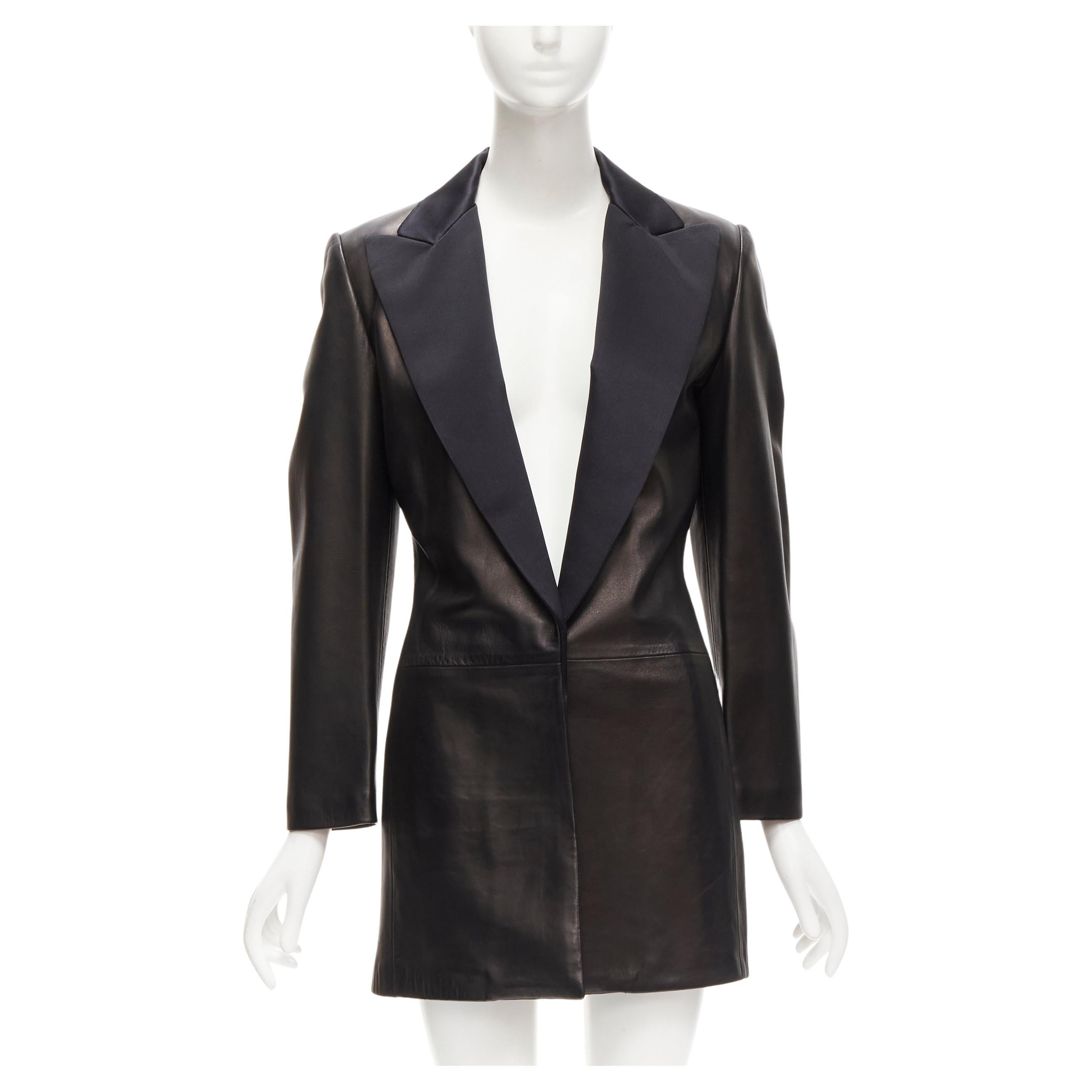 GIANNI VERSACE 1995 Vintage black satin peak lapel leather coat IT40 S For Sale