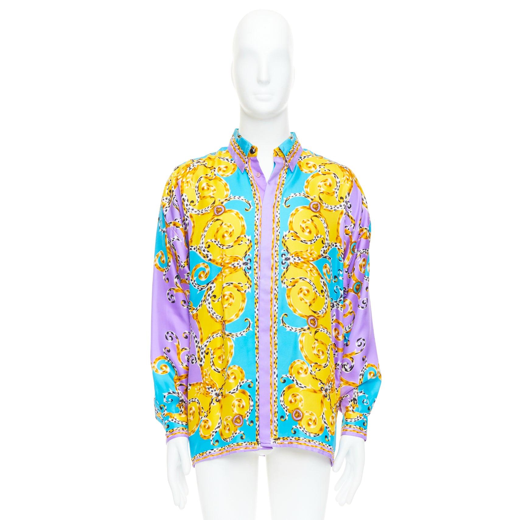 Gianni Versace 1995 Versace 100% seta viola giallo leopardo barocco camicia IT48 M. in vendita 4