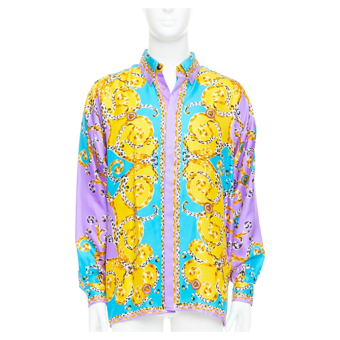 GIANNI VERSACE 1995 Vitnage 100% Seide lila gelb leopard barocco Hemd IT48 M im Angebot