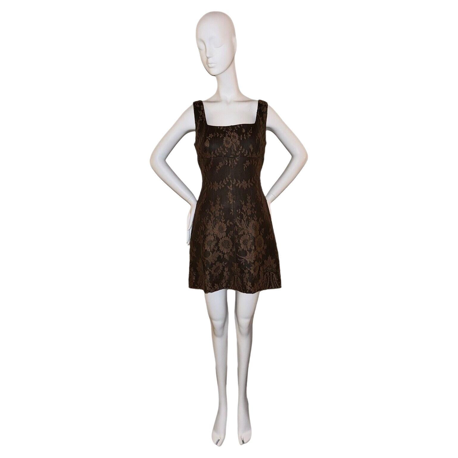 GIANNI VERSACE 1996 vintage leather and lace brown mini dress For Sale