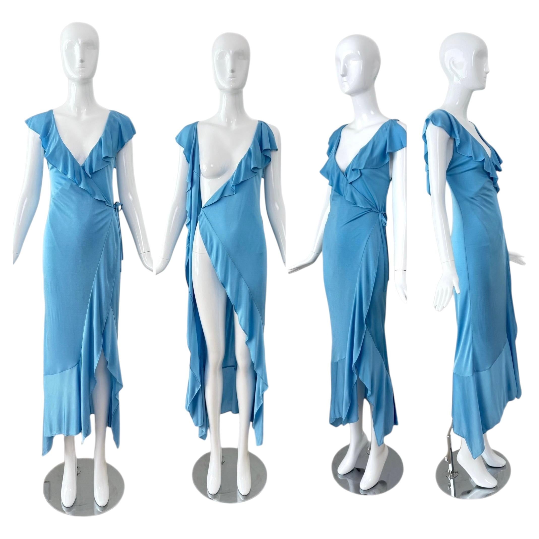 GIANNI VERSACE 1997 Vintage Blue Ruffle Wrap Long Maxi Dress Runway Style