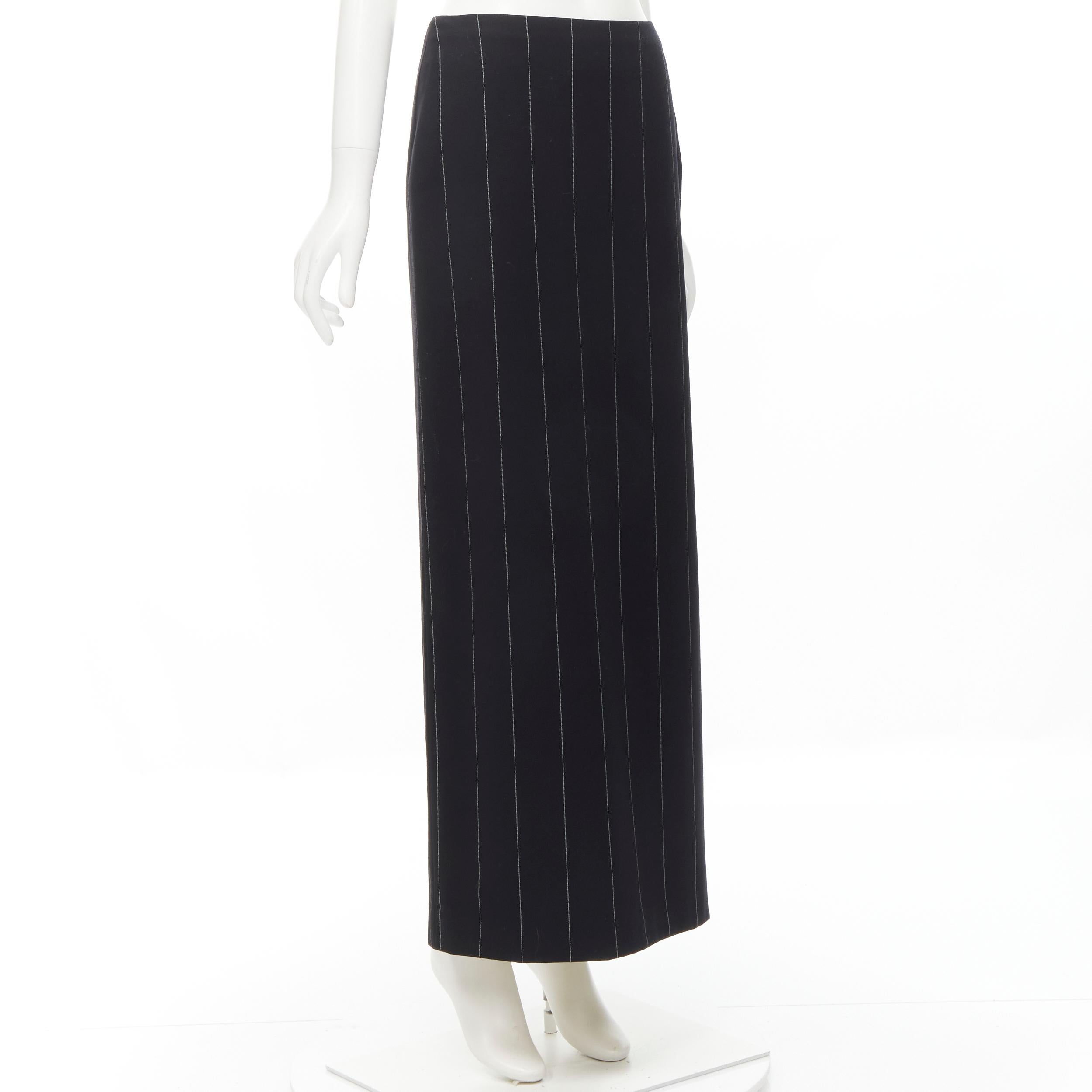 Black GIANNI VERSACE 1998 Vintage black wide pinstriped wool high slit skirt FR40 M