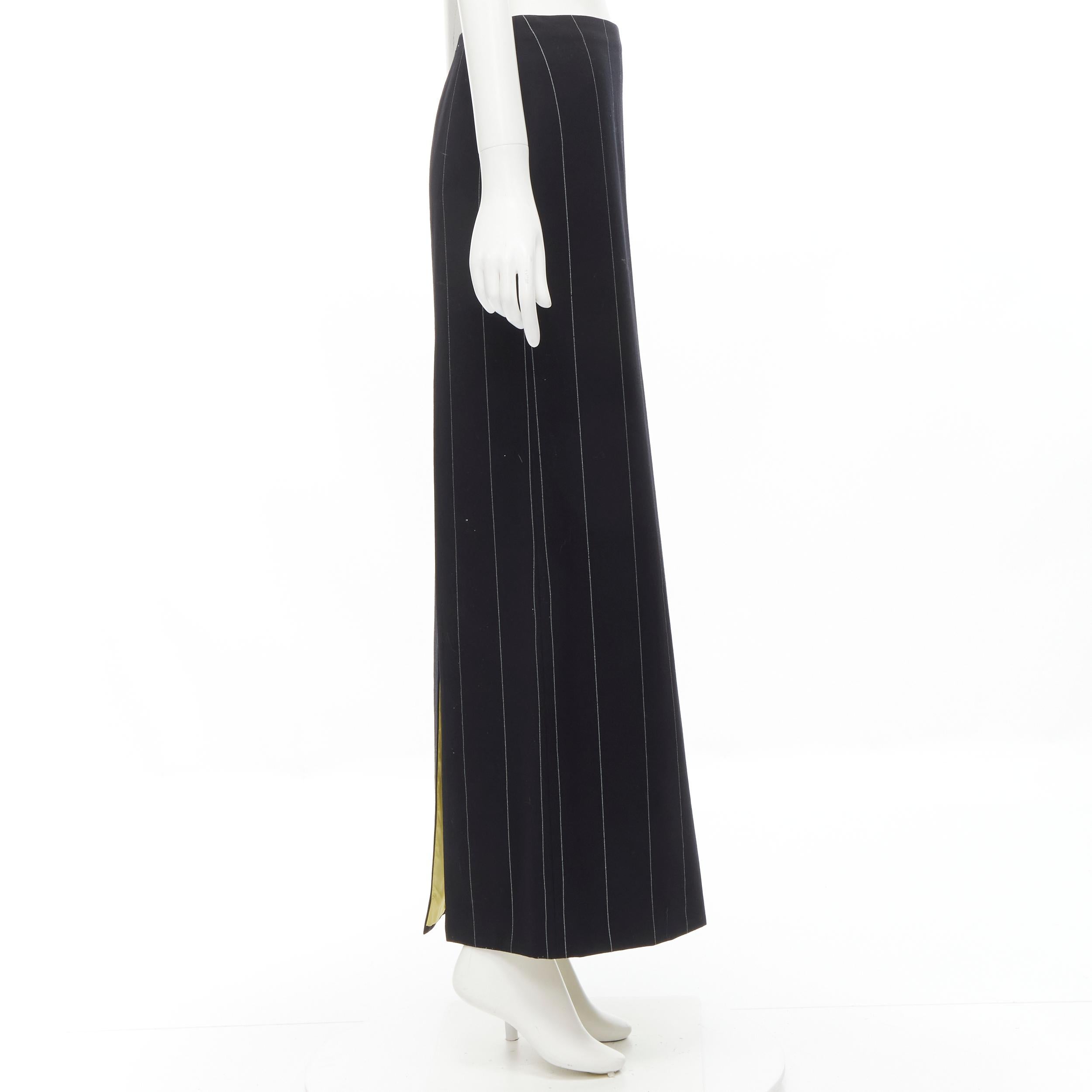 GIANNI VERSACE 1998 Vintage black wide pinstriped wool high slit skirt FR40 M In Excellent Condition In Hong Kong, NT