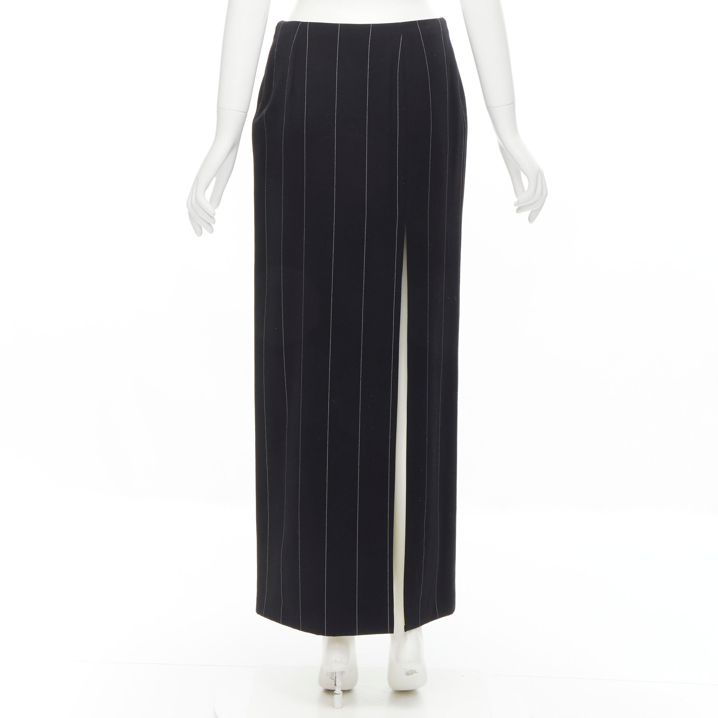 Women's GIANNI VERSACE 1998 Vintage black wide pinstriped wool high slit skirt FR40 M
