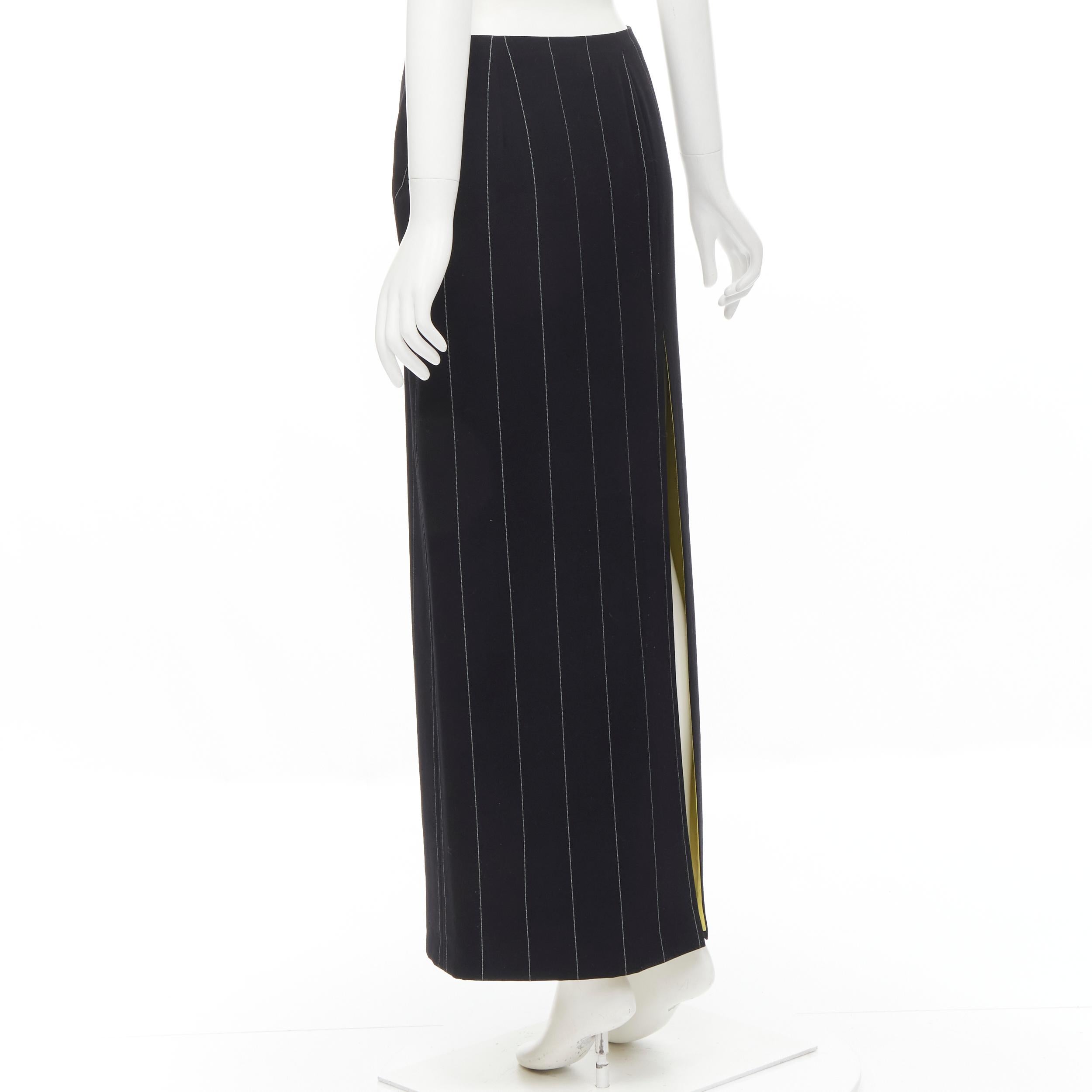 GIANNI VERSACE 1998 Vintage black wide pinstriped wool high slit skirt FR40 M 1