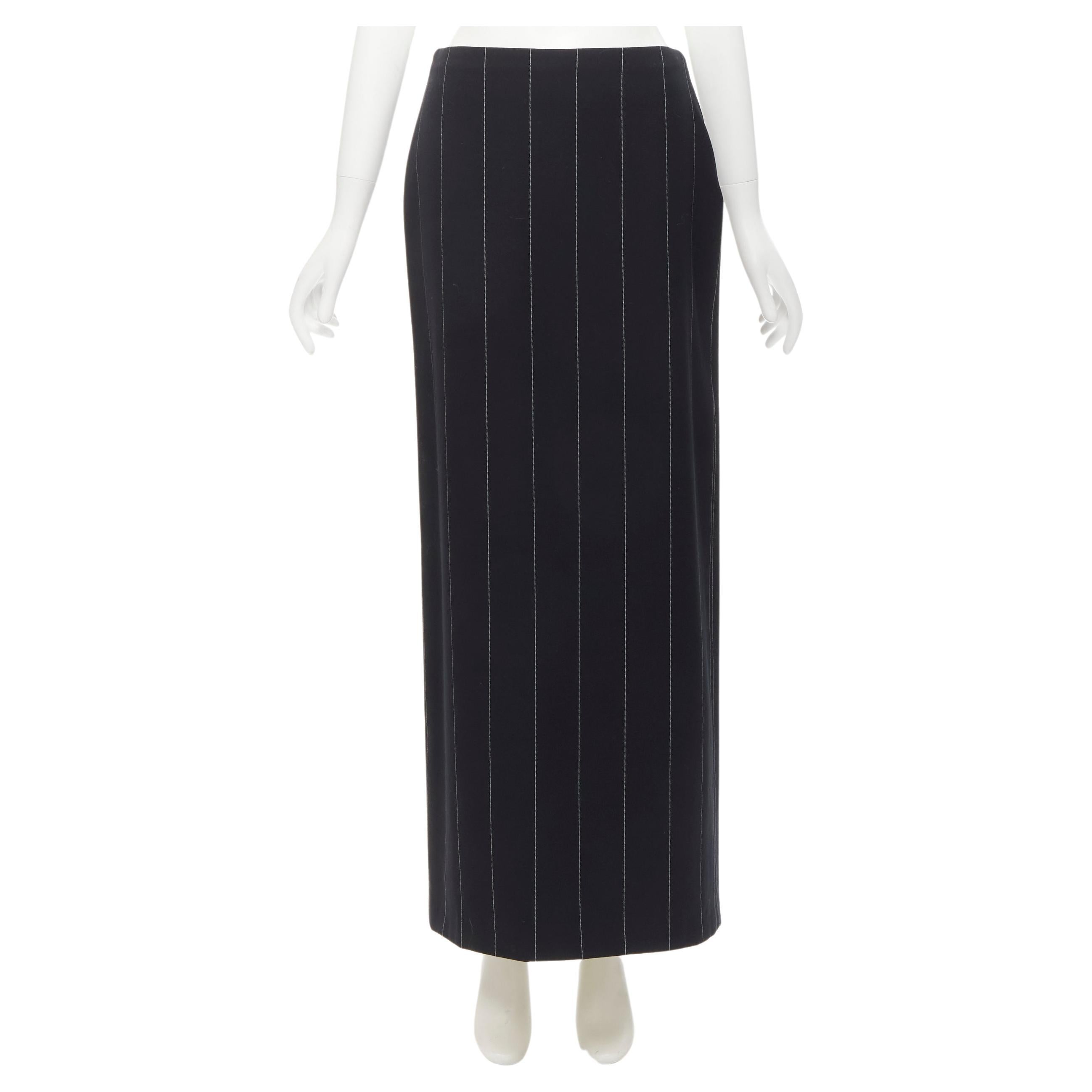 GIANNI VERSACE 1998 Vintage black wide pinstriped wool high slit skirt FR40 M