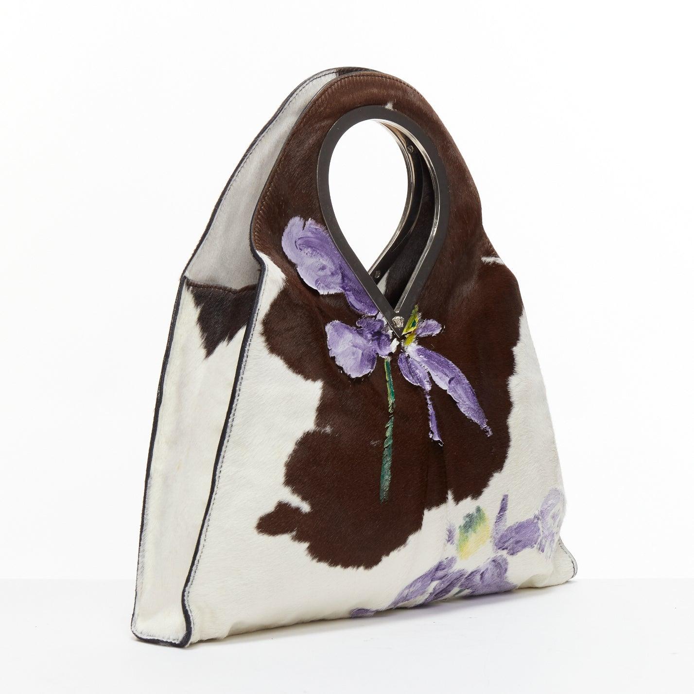 GIANNI VERSACE 1999 Runway handpainted floral brown cow print horsehair bag In Good Condition For Sale In Hong Kong, NT