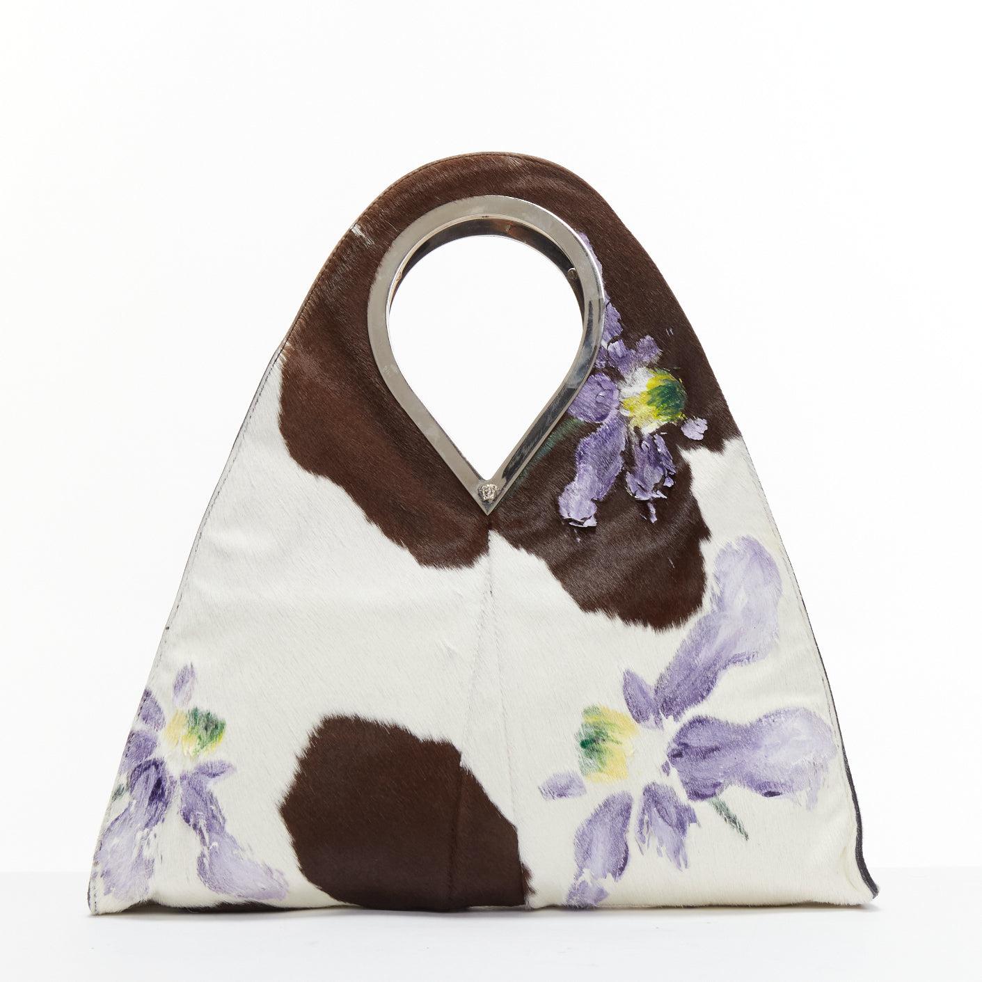 Women's GIANNI VERSACE 1999 Runway handpainted floral brown cow print horsehair bag For Sale