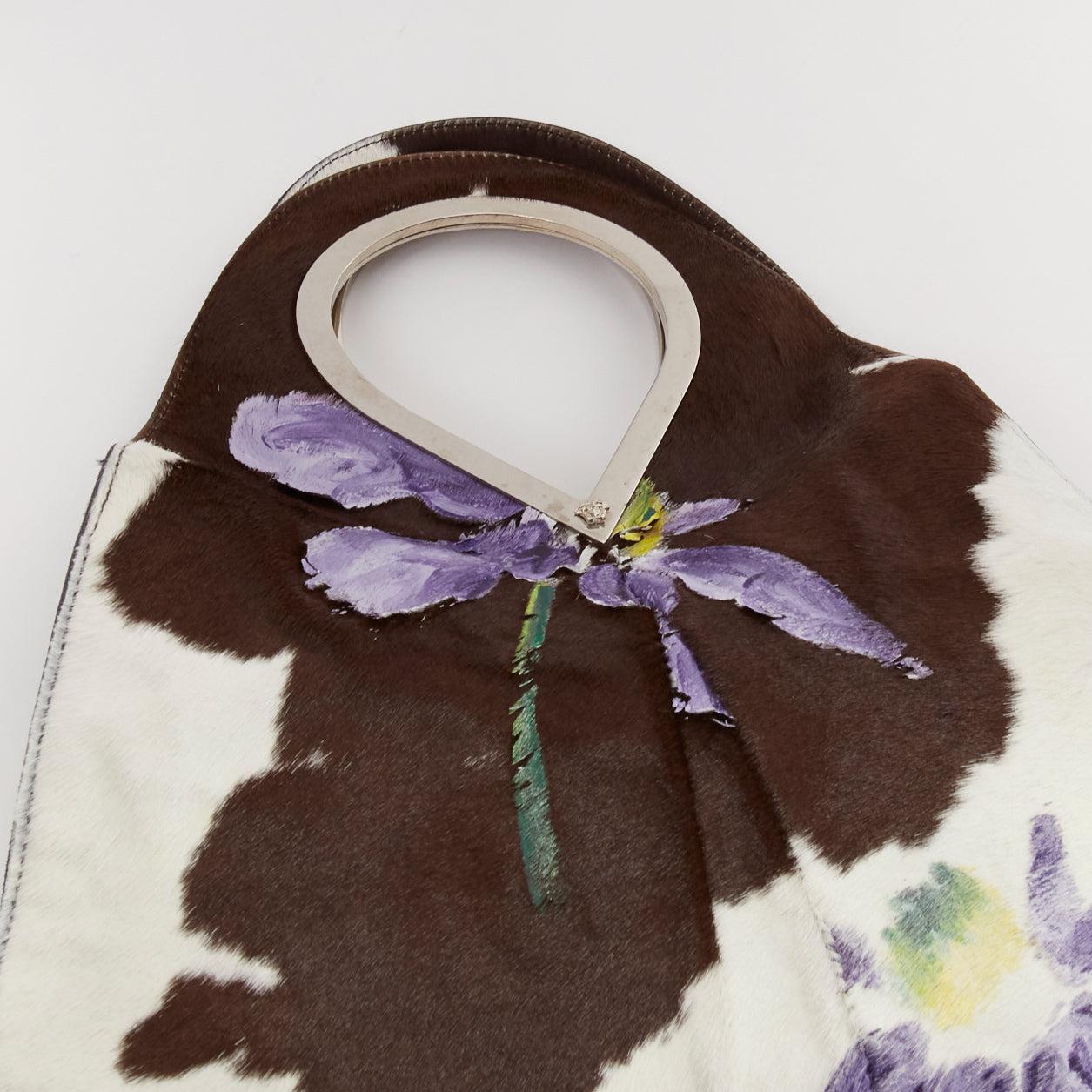 GIANNI VERSACE 1999 Runway handpainted floral brown cow print horsehair bag 1
