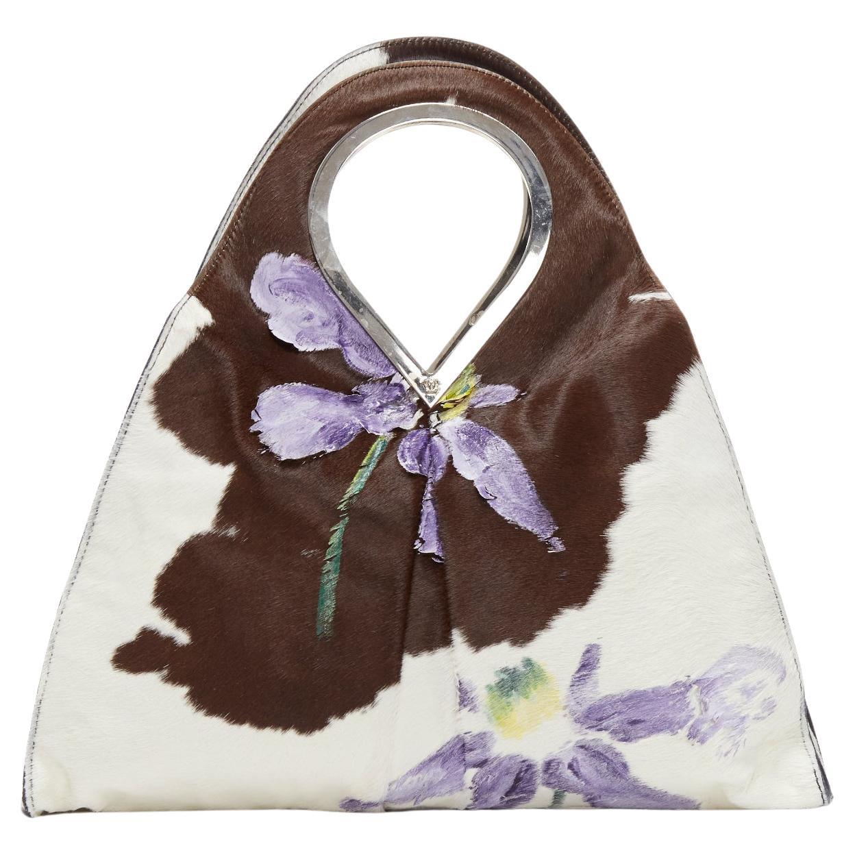 GIANNI VERSACE 1999 Runway handpainted floral brown cow print horsehair bag For Sale