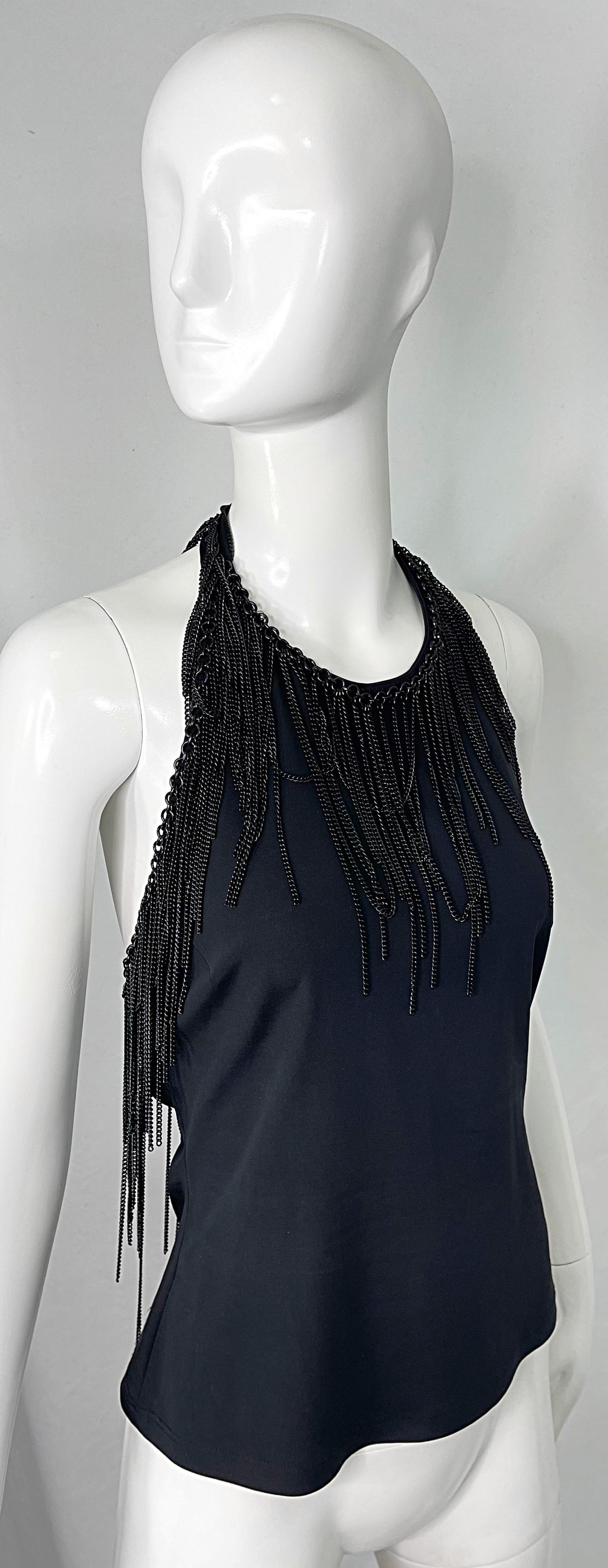 Gianni Versace 2000s Size 44 / 8 10 Black Chain Encrusted Y2K Halter Top Shirt  For Sale 7