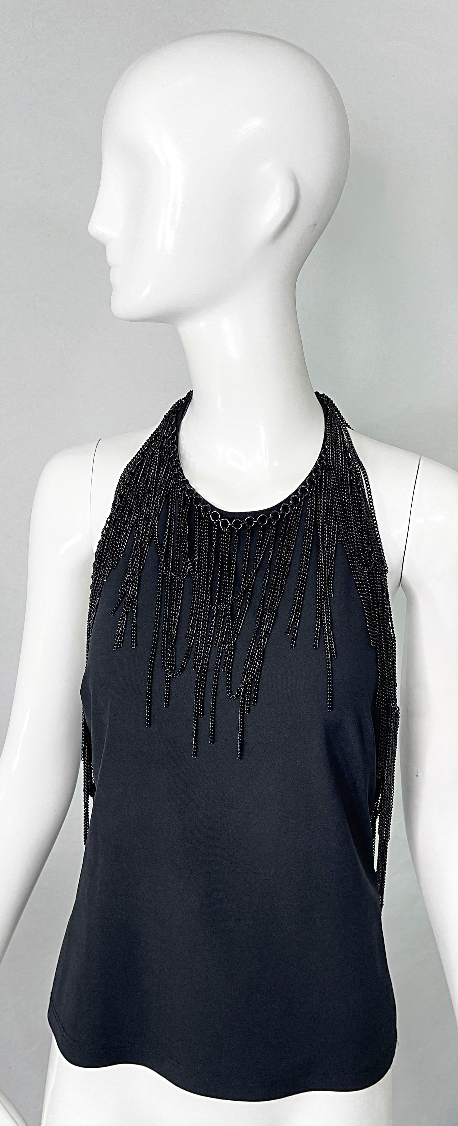 Gianni Versace 2000s Size 44 / 8 10 Black Chain Encrusted Y2K Halter Top Shirt  For Sale 10